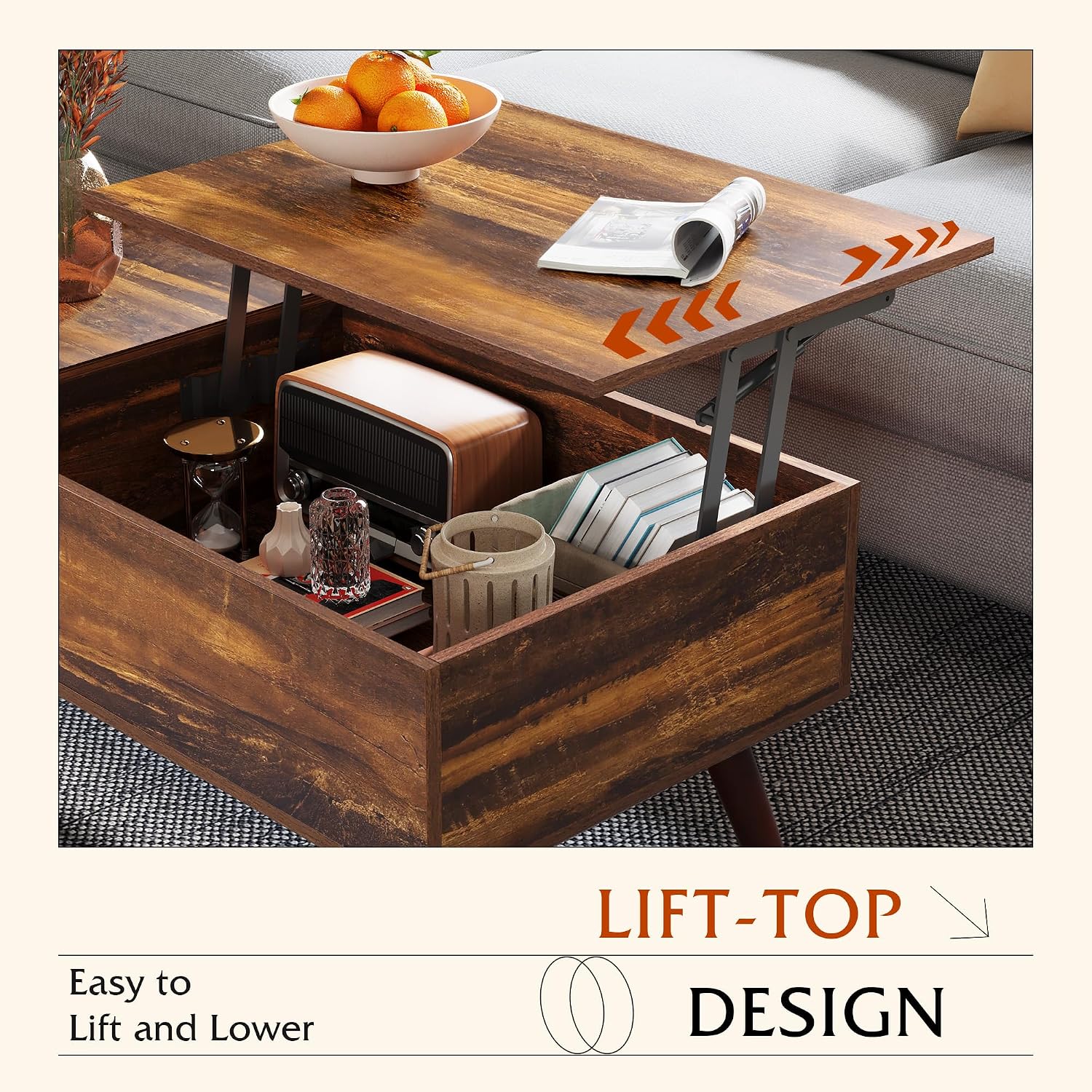 Brown Mid Century Lift Top Storage Coffee Table