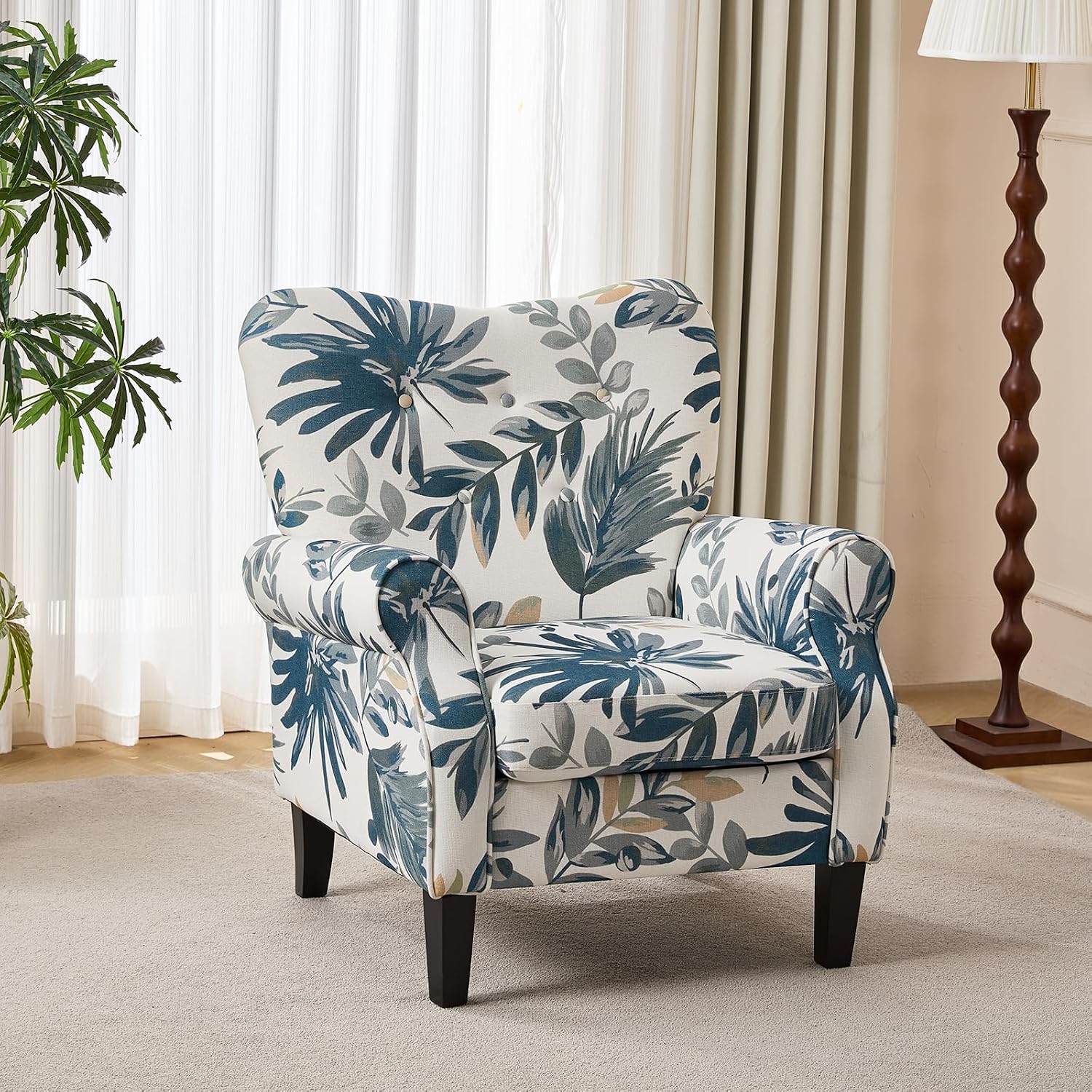 High Back Button Fabric Blue Leaf Accent Chair
