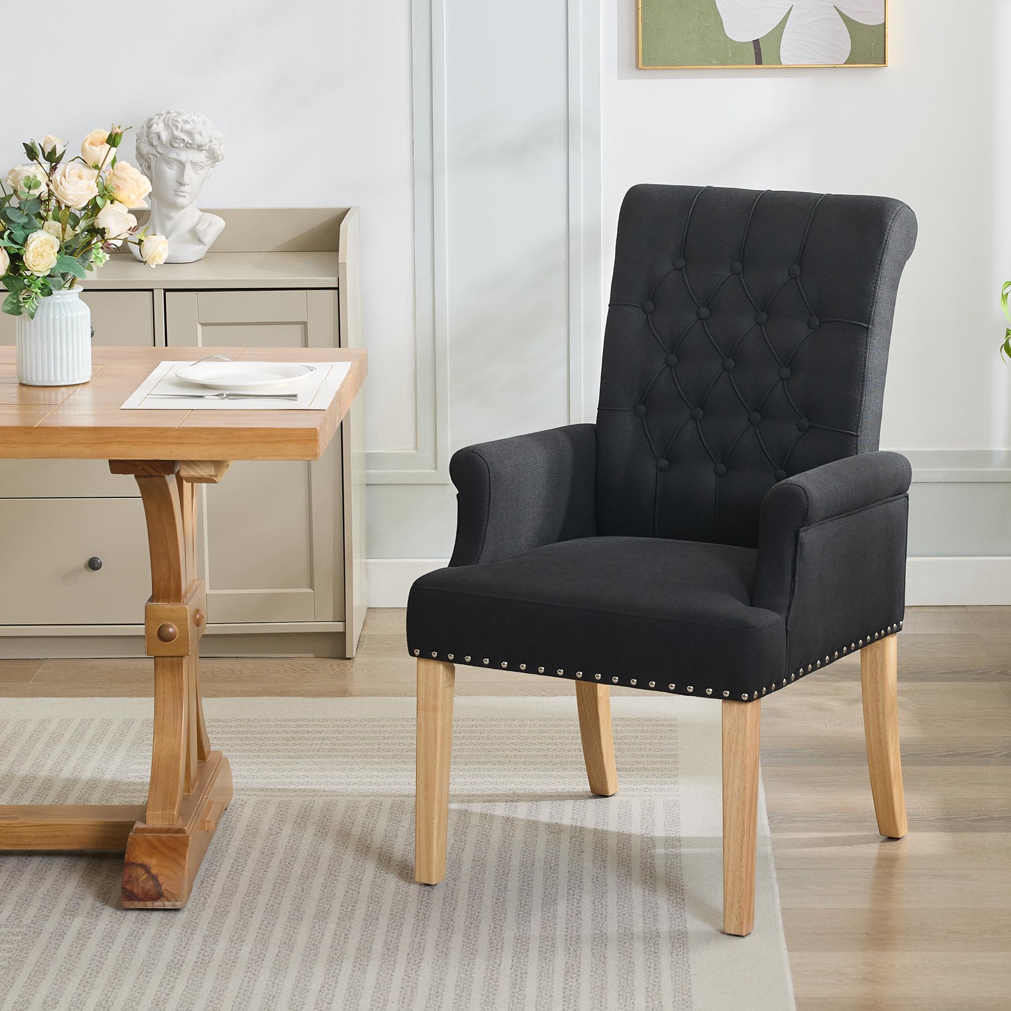 Tufted Nailhead Beige Fabric Arm Dining Chairs