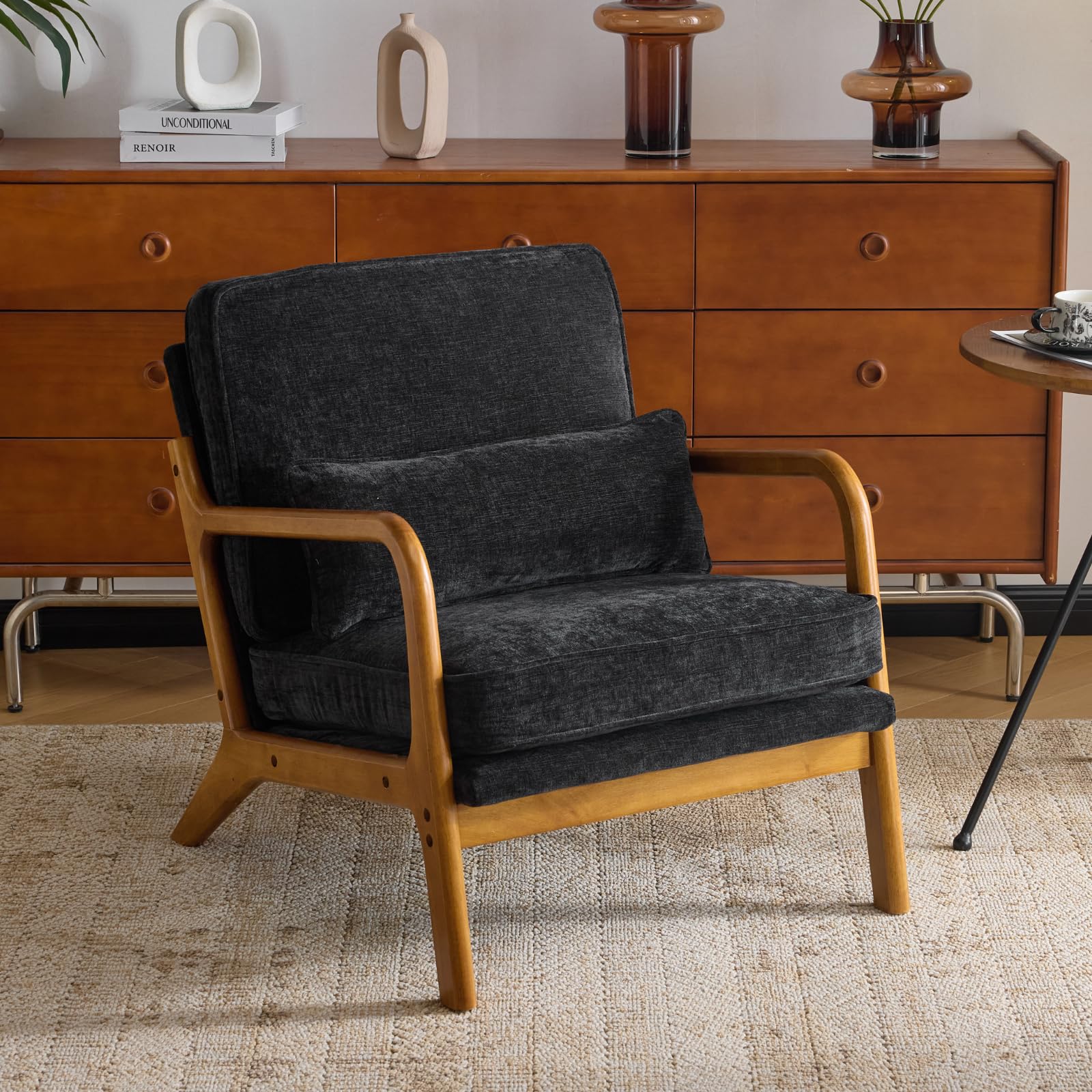 Mid Century Beige Linen Wood Frame Accent Chair