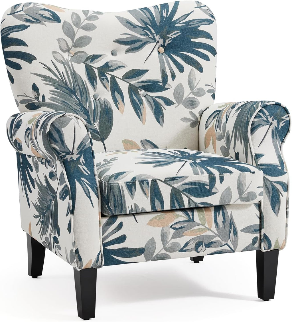 High Back Button Fabric Blue Leaf Accent Chair