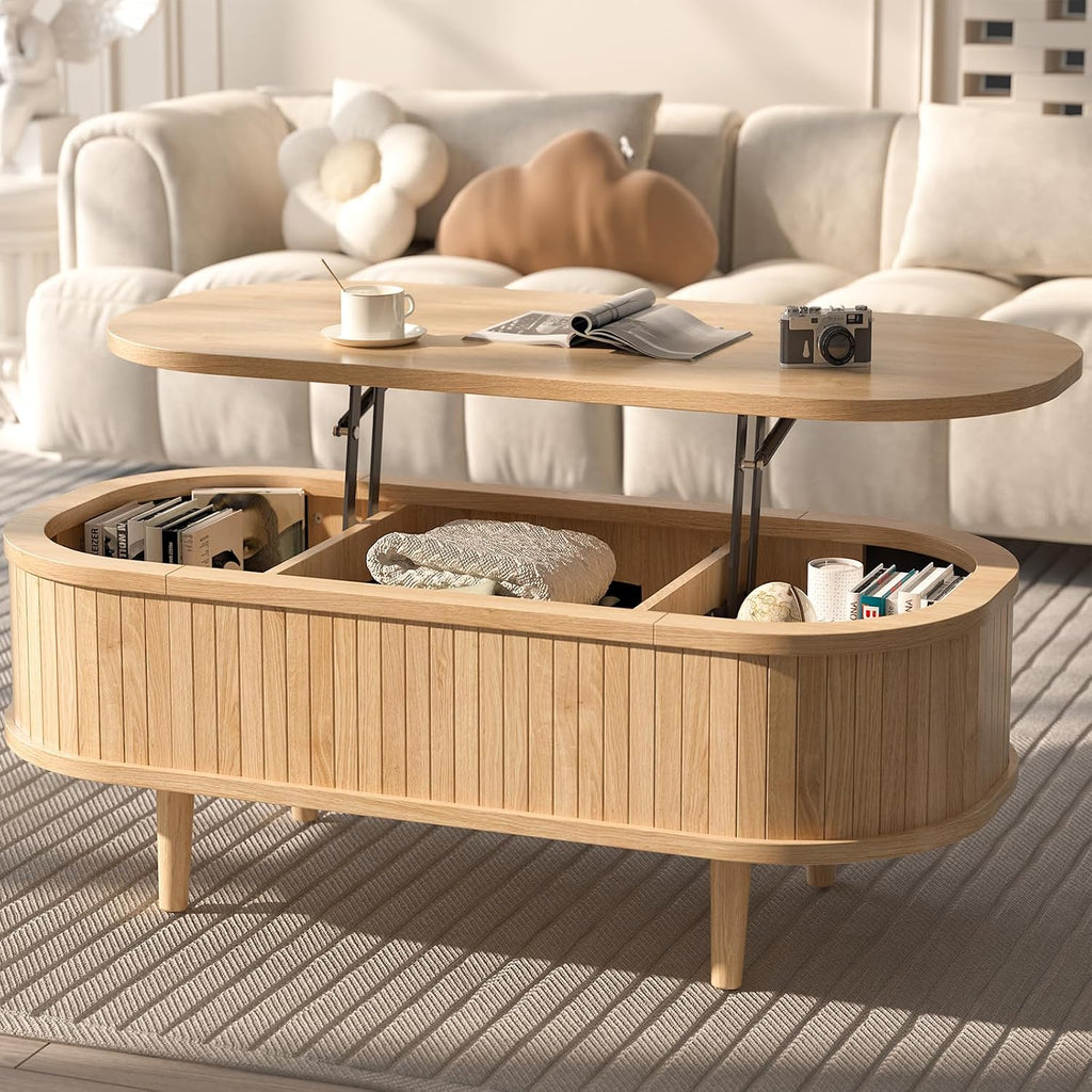 Natural Fluted Oval Lift Storage Coffee Table
