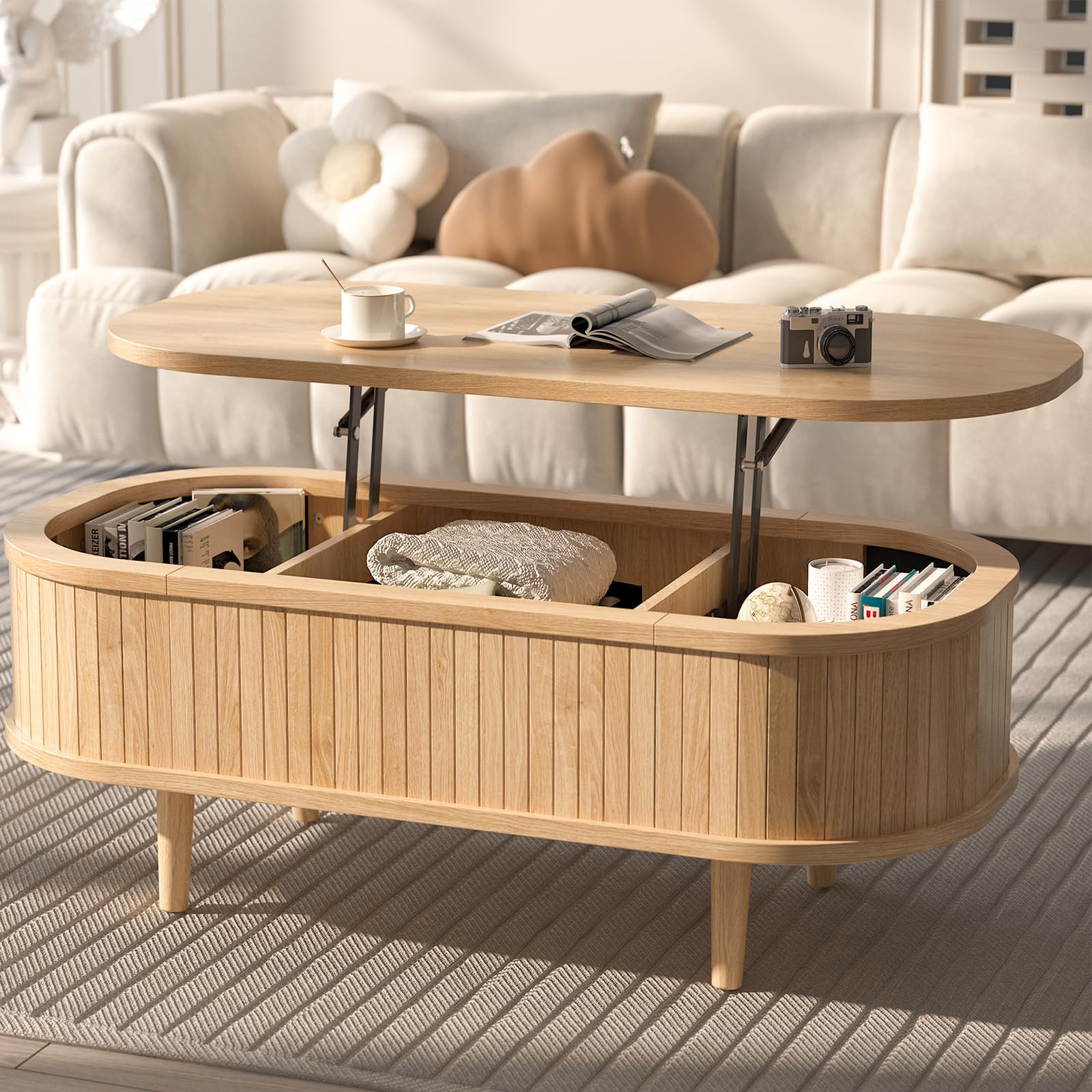 Natural Fluted Oval Lift Storage Coffee Table