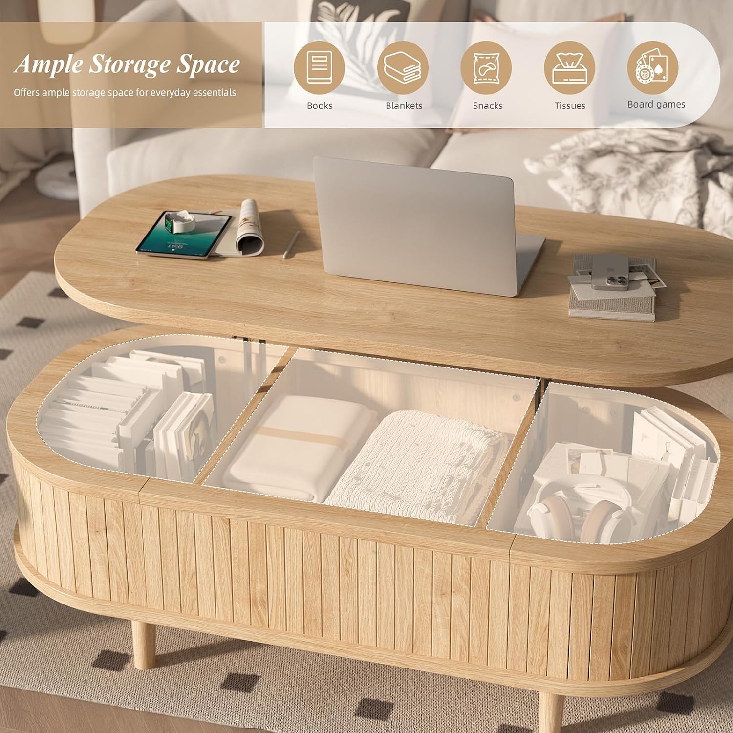 Natural Fluted Oval Lift Storage Coffee Table