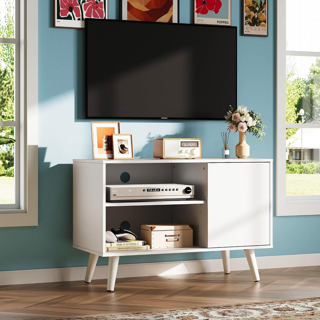 White Mid Century Small Storage TV Stand