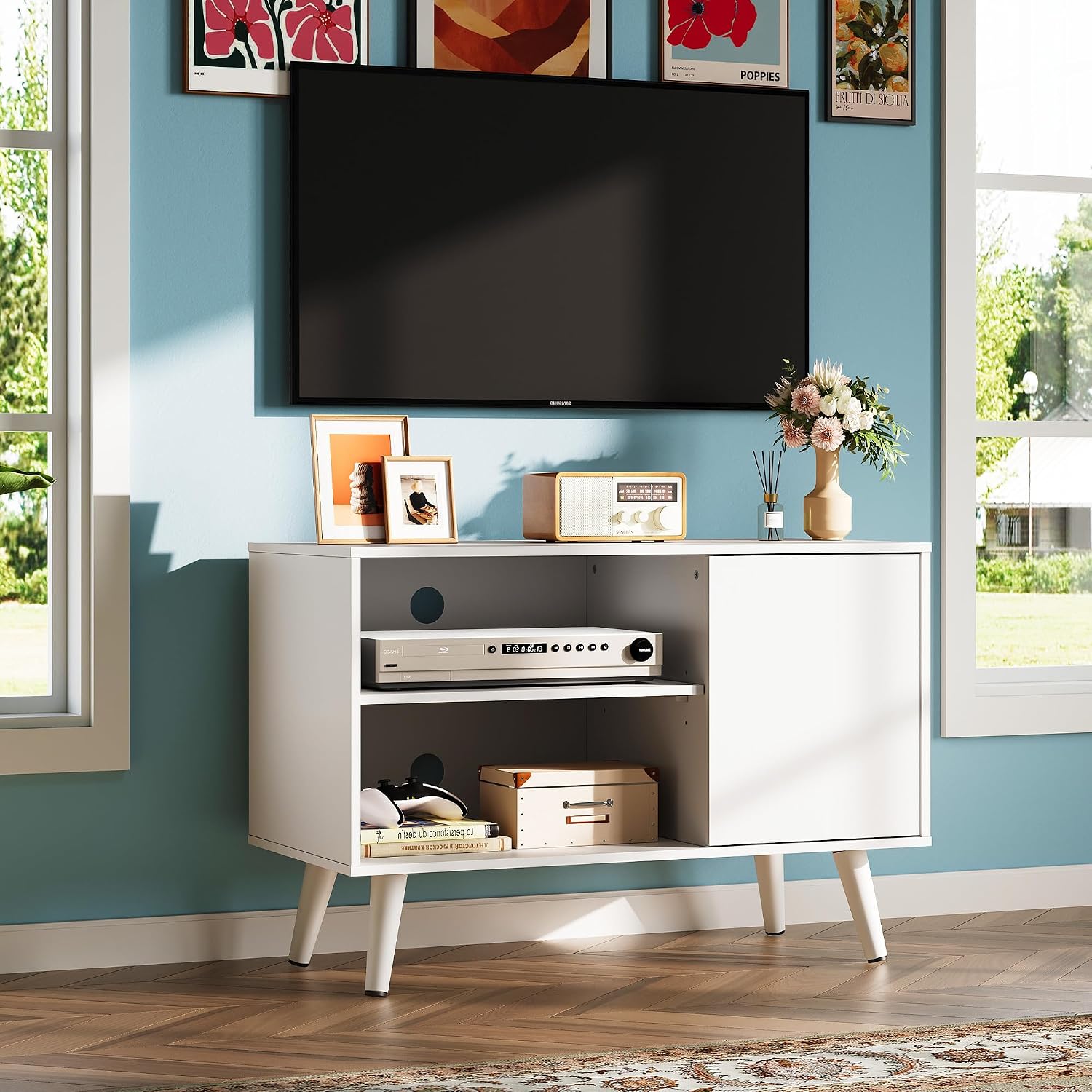 White Mid Century Small Storage TV Stand