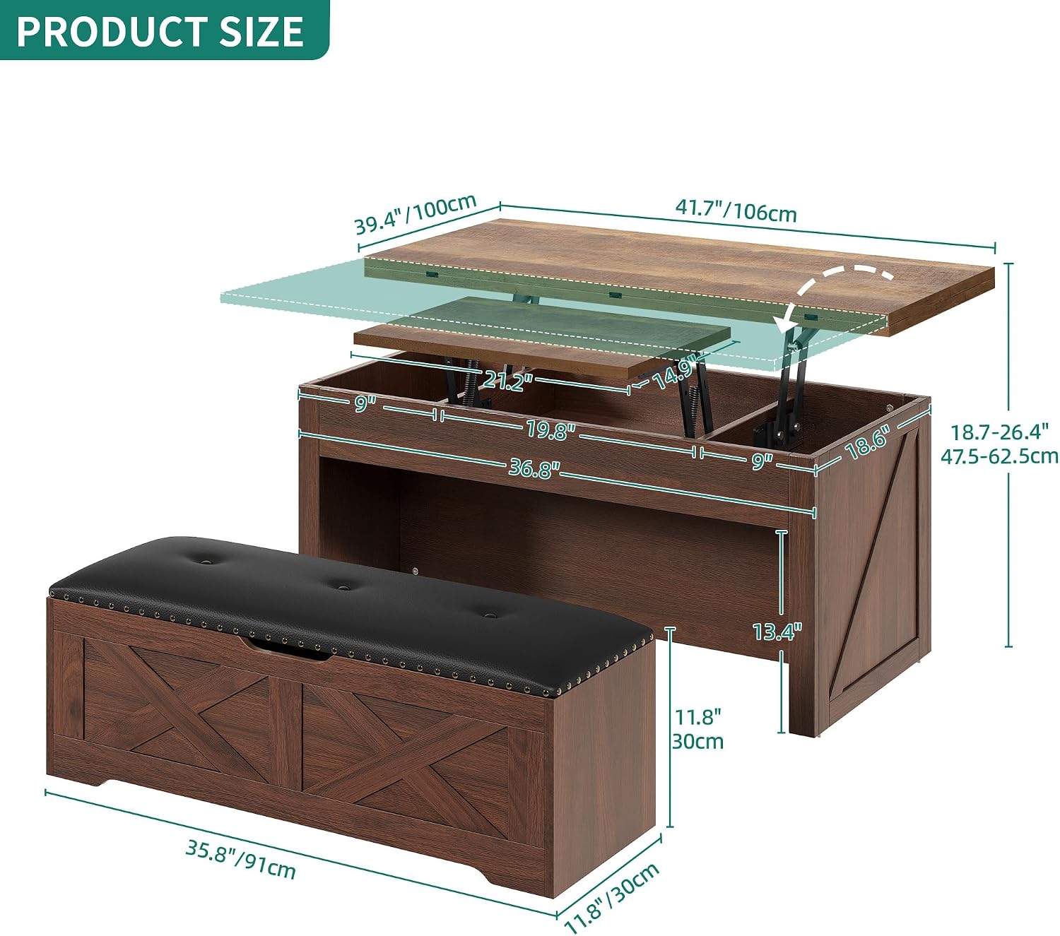 Walnut Convertible Lift Top Storage Coffee Table Set