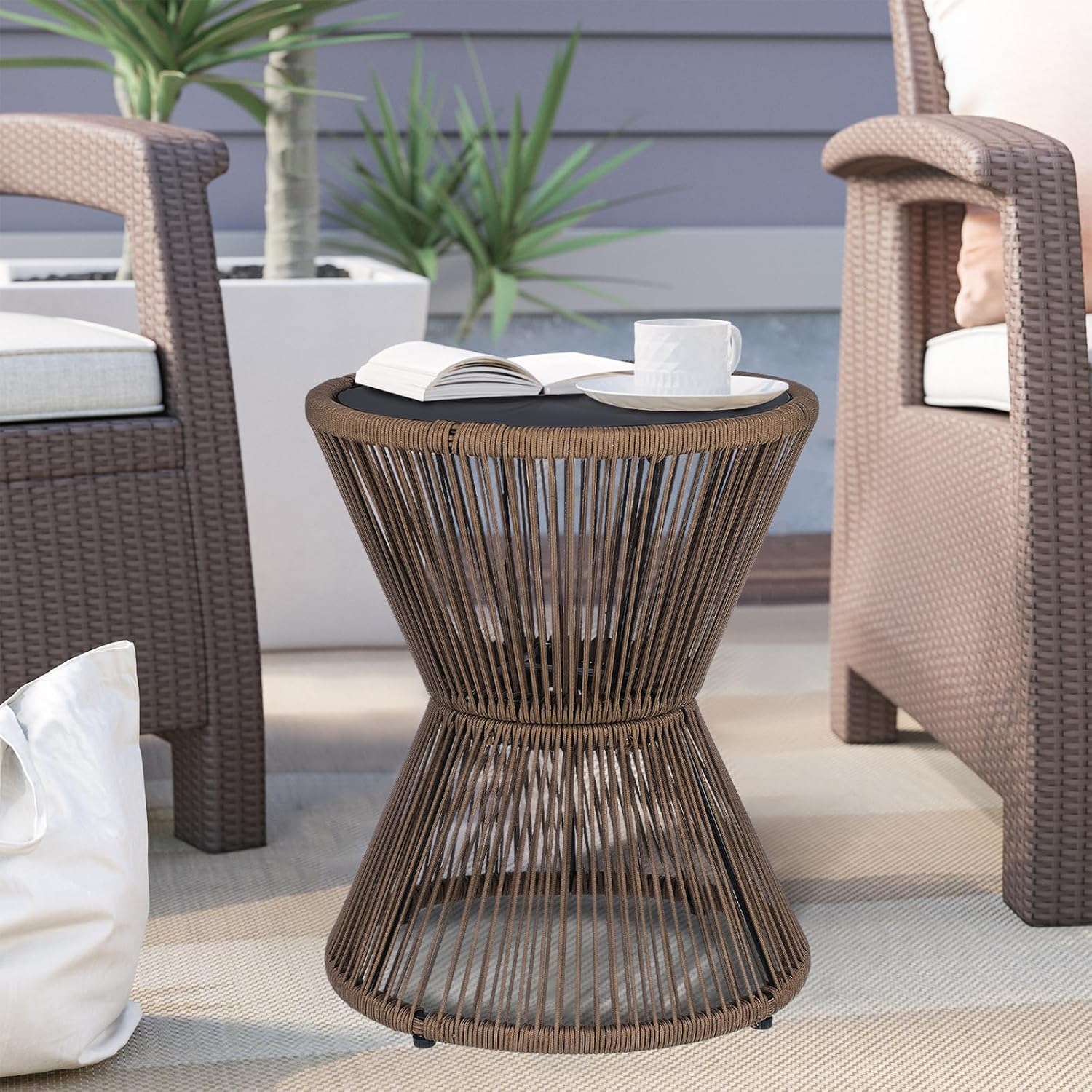 Woven Rope Hourglass Brown Glass Side Table