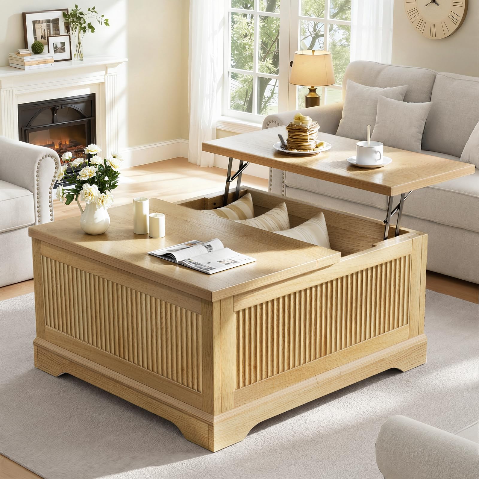 Walnut Fluted Square Lift Top Storage Coffee Table