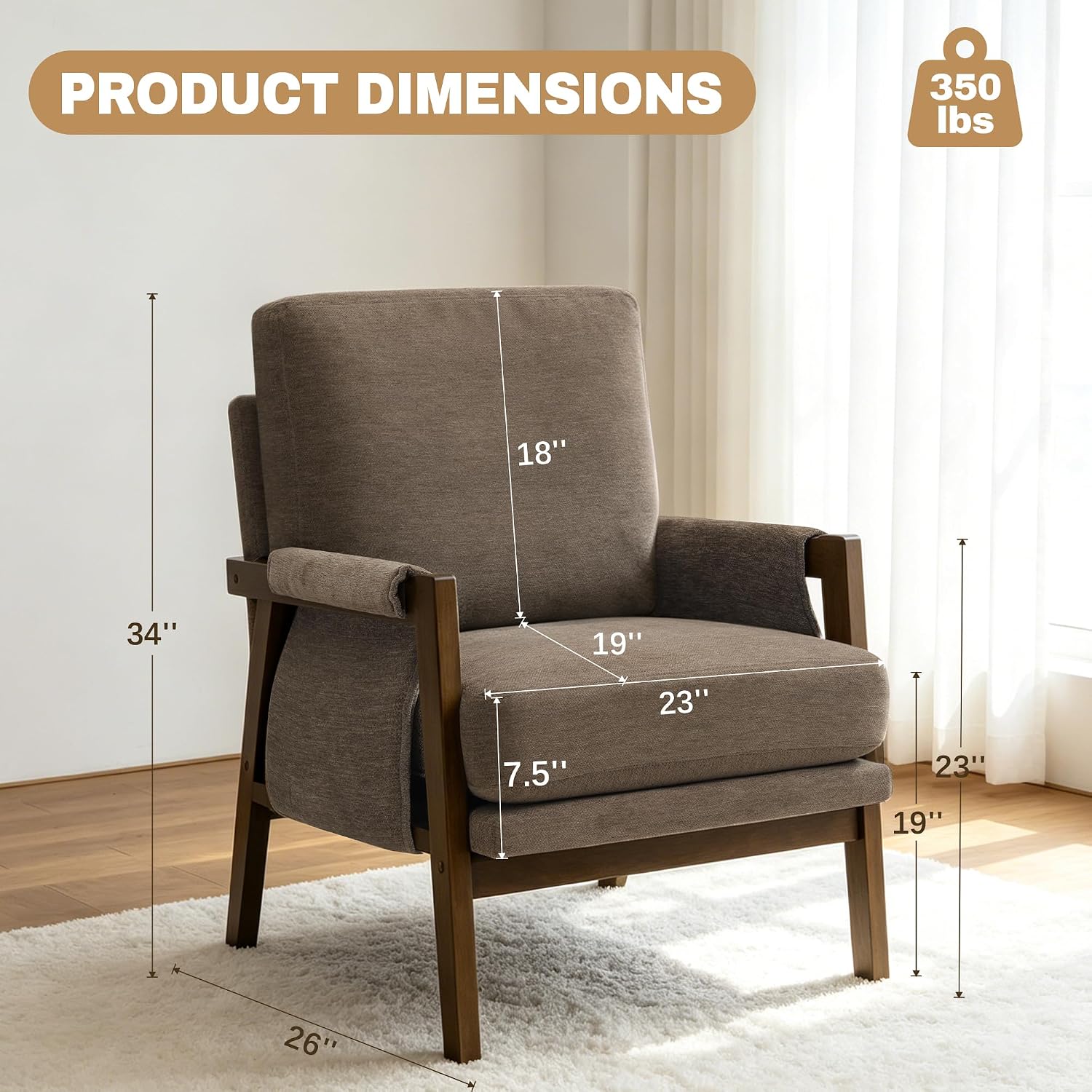 Mid Century Dark Brown Fabric Wood Frame Accent Chair