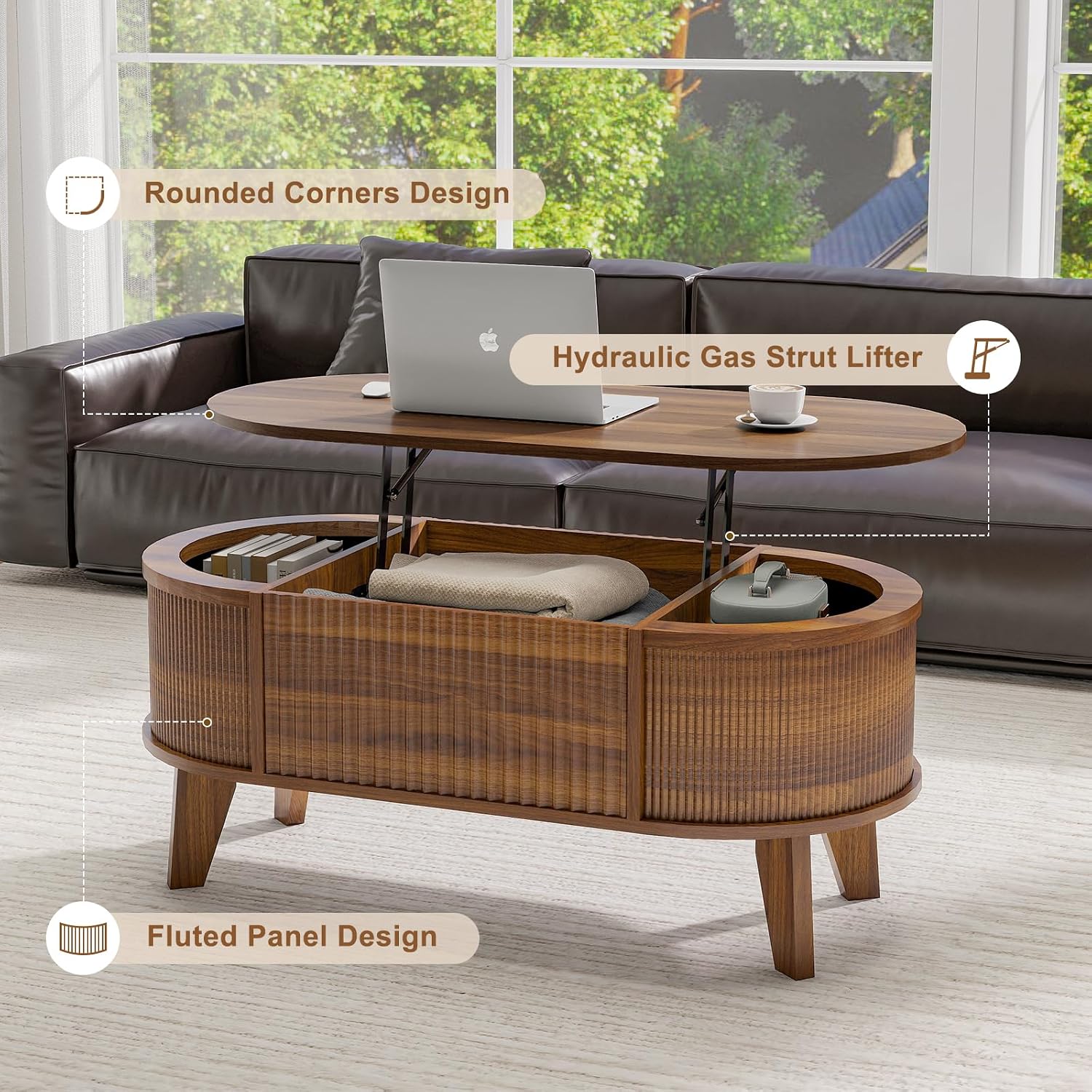 Walnut Fluted Oval Lift Top Storage Coffee Table