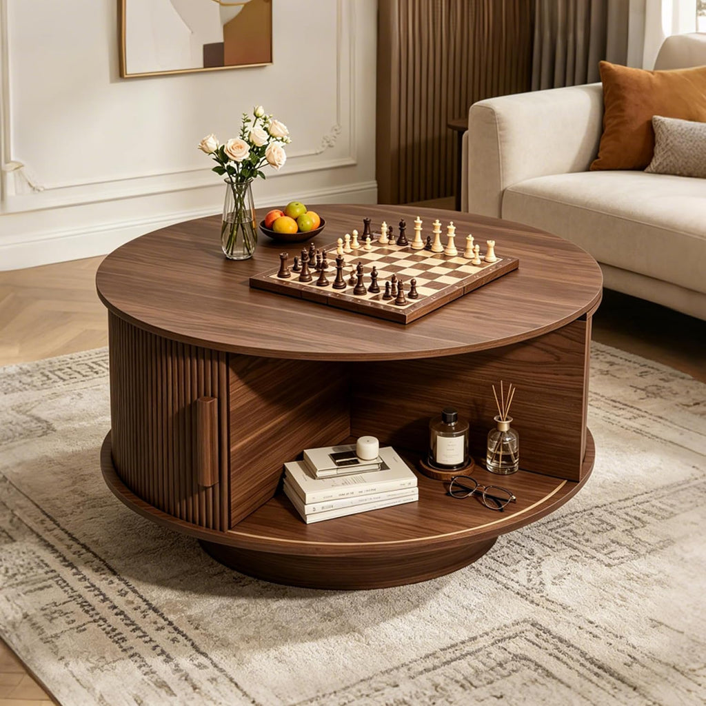 Walnut Fluted Round Lift Top Storage Coffee Table
