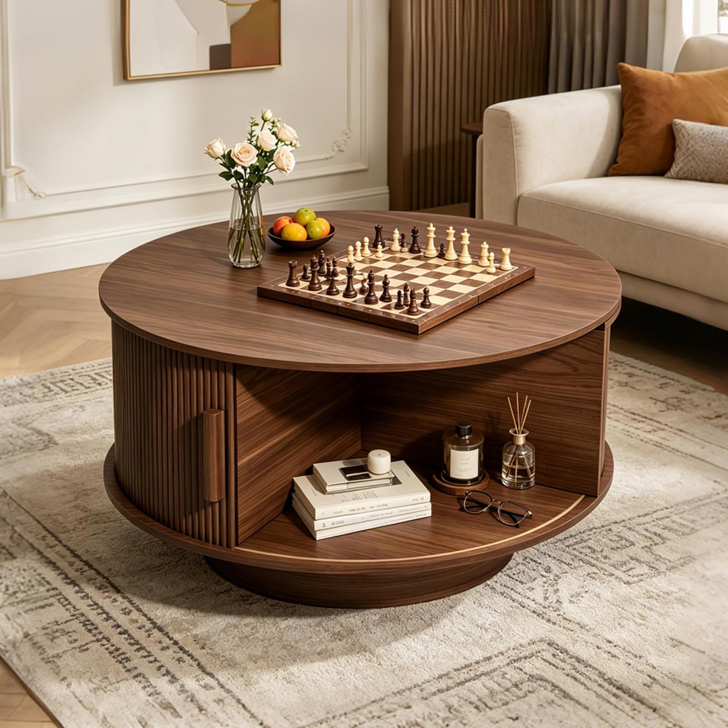 Walnut Fluted Round Lift Top Storage Coffee Table