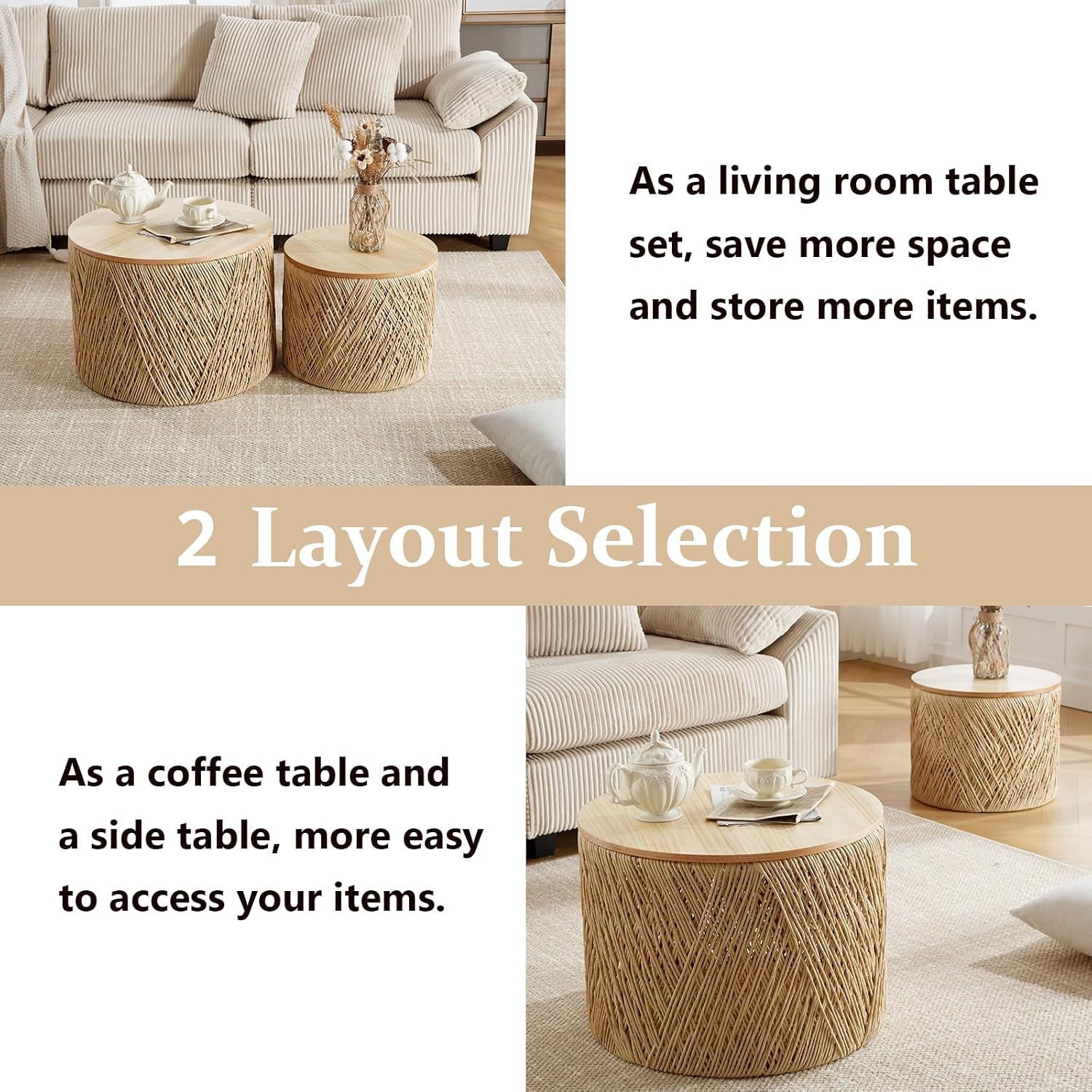 Round Rope Woven Nesting Storage Coffee Tables