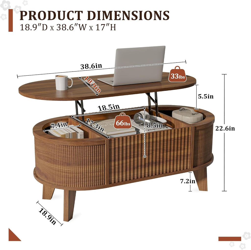 Walnut Fluted Oval Lift Top Storage Coffee Table