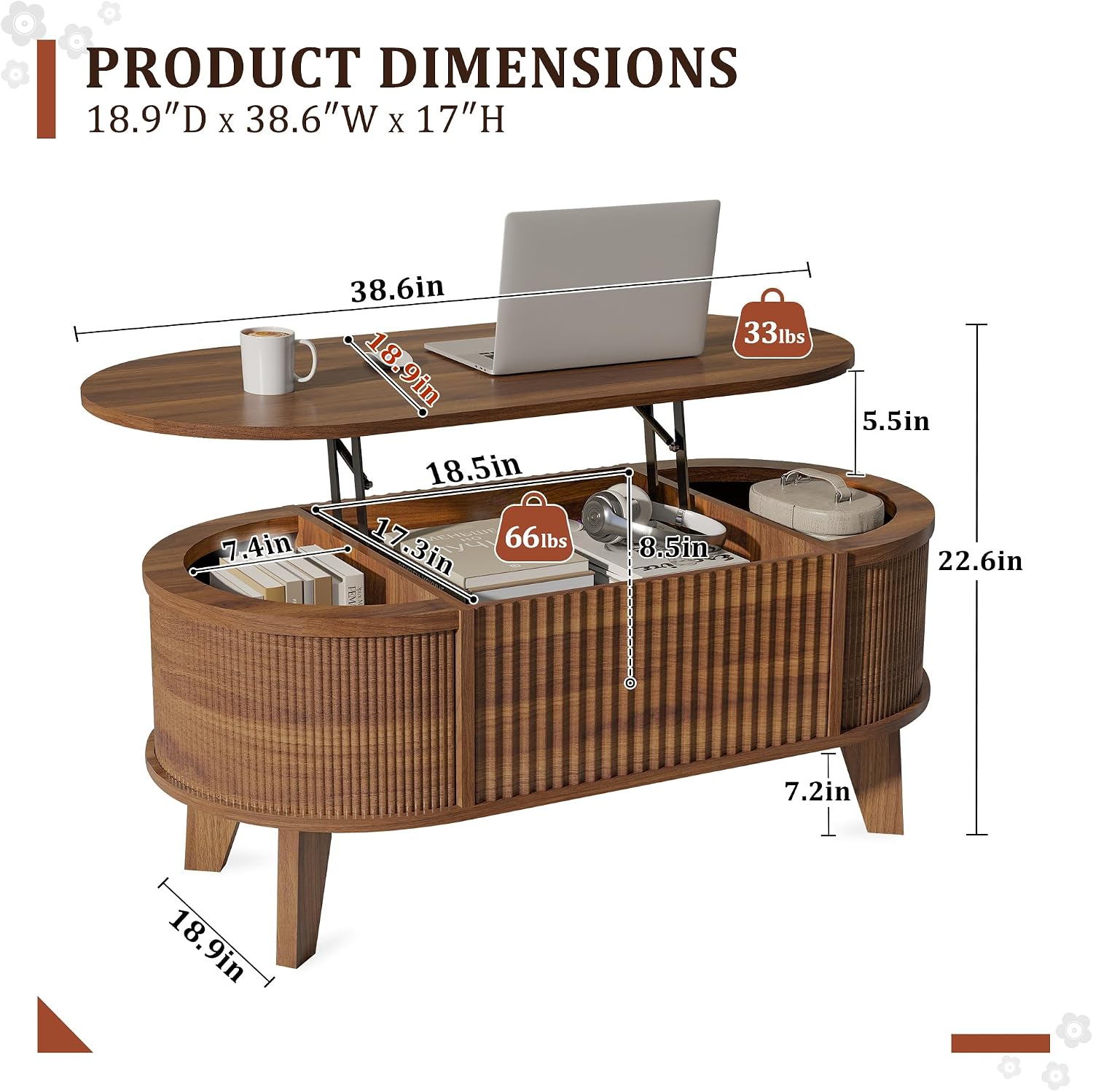 Walnut Fluted Oval Lift Top Storage Coffee Table