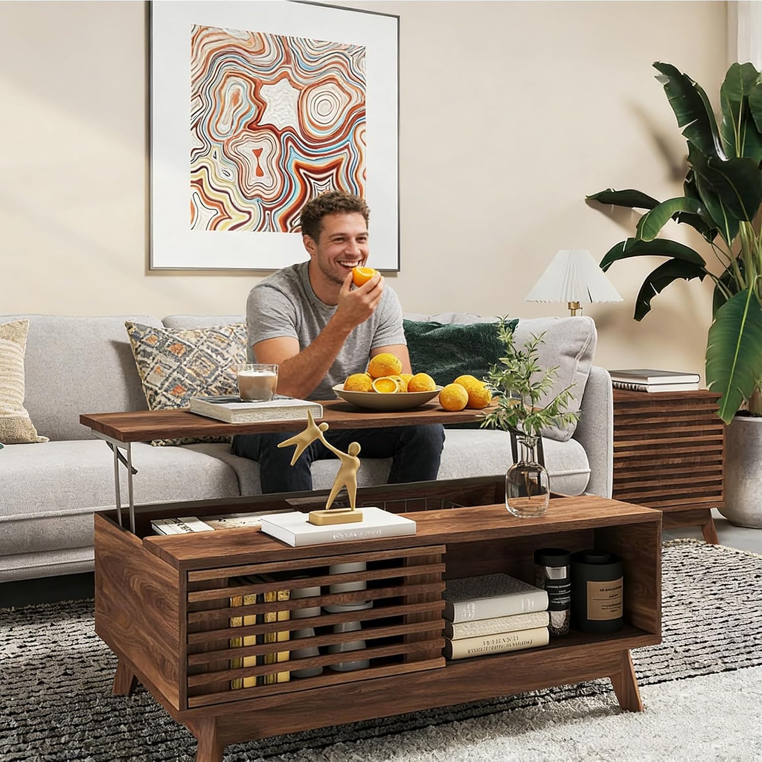 Walnut Sliding Door Mid Century Coffee Table