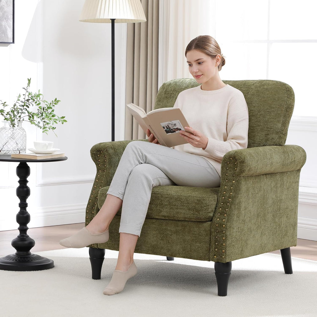 Mid Century High Back Green Wood Leg Accent Chair