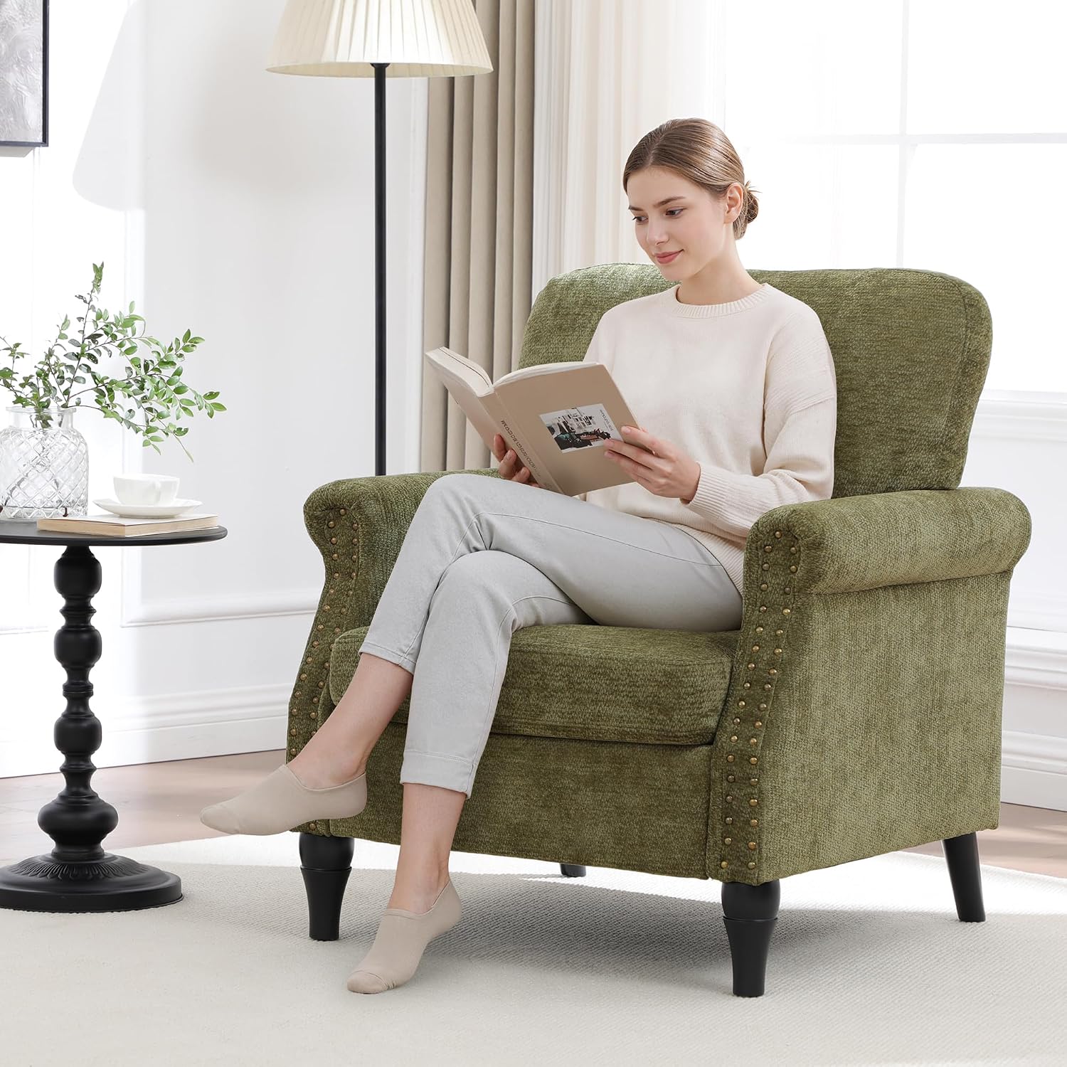 Mid Century High Back Green Wood Leg Accent Chair