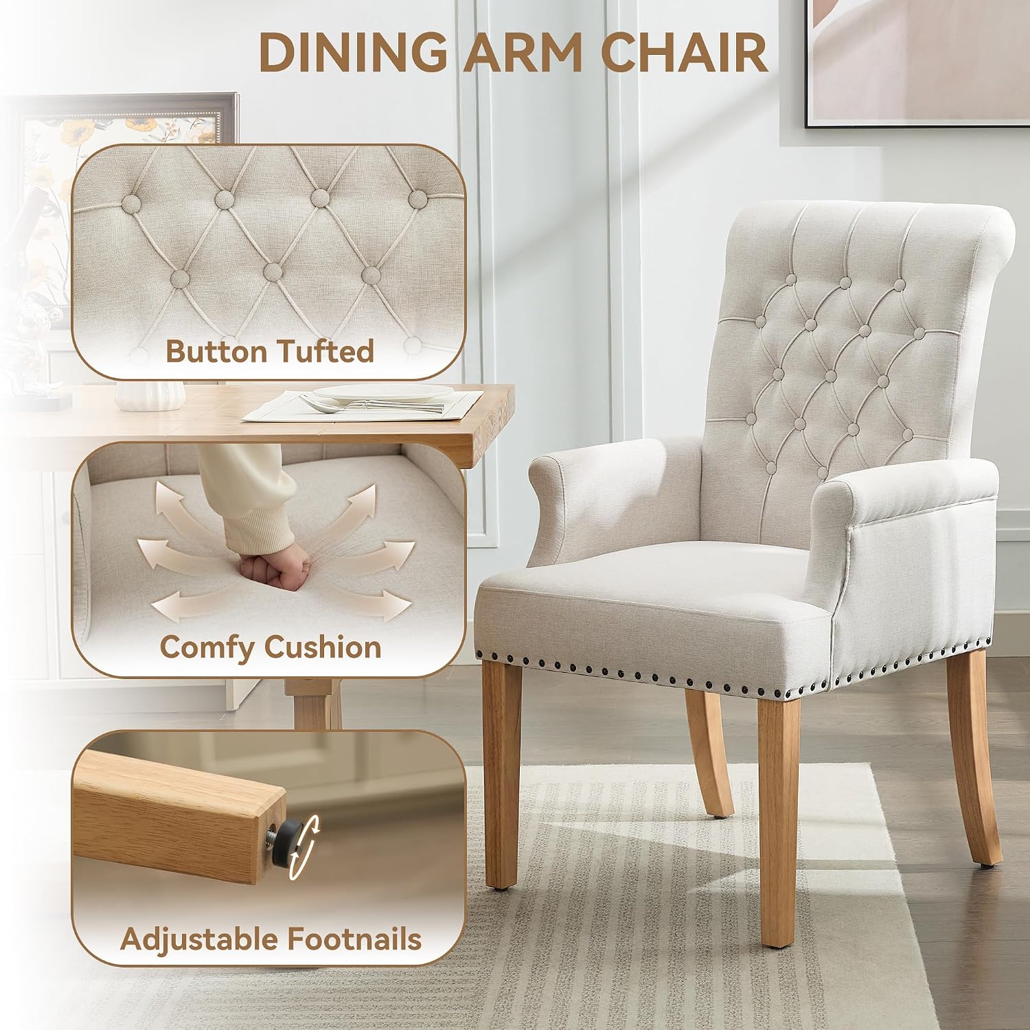 Tufted Nailhead Beige Fabric Arm Dining Chairs