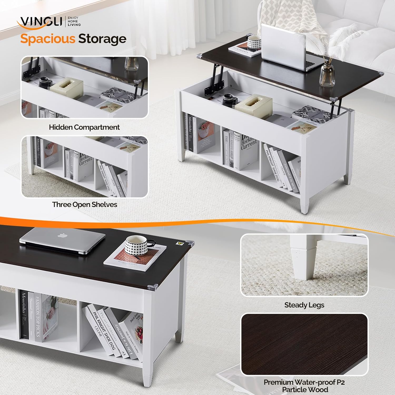 White Dark Brown Lift Top Storage Coffee Table