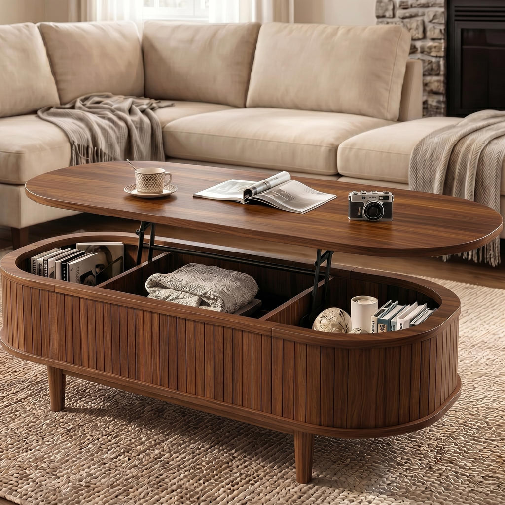 Natural Fluted Oval Lift Storage Coffee Table
