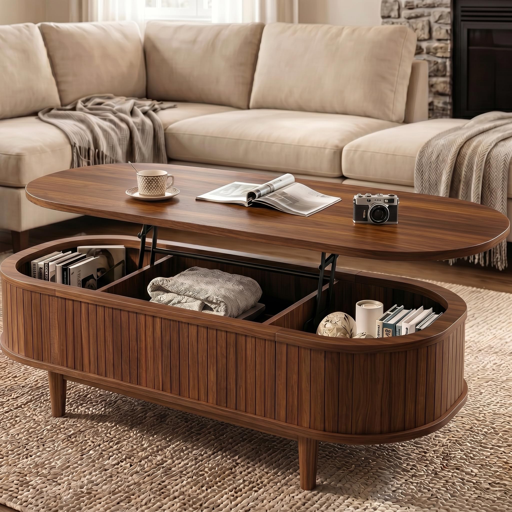 Natural Fluted Oval Lift Storage Coffee Table