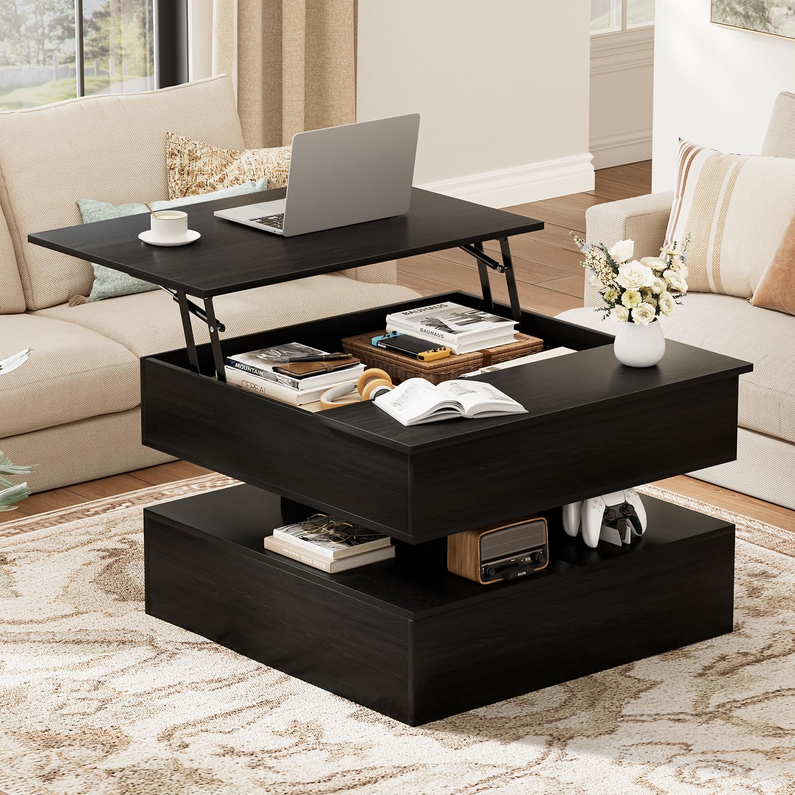 Walnut Square Lift Top Storage Coffee Table