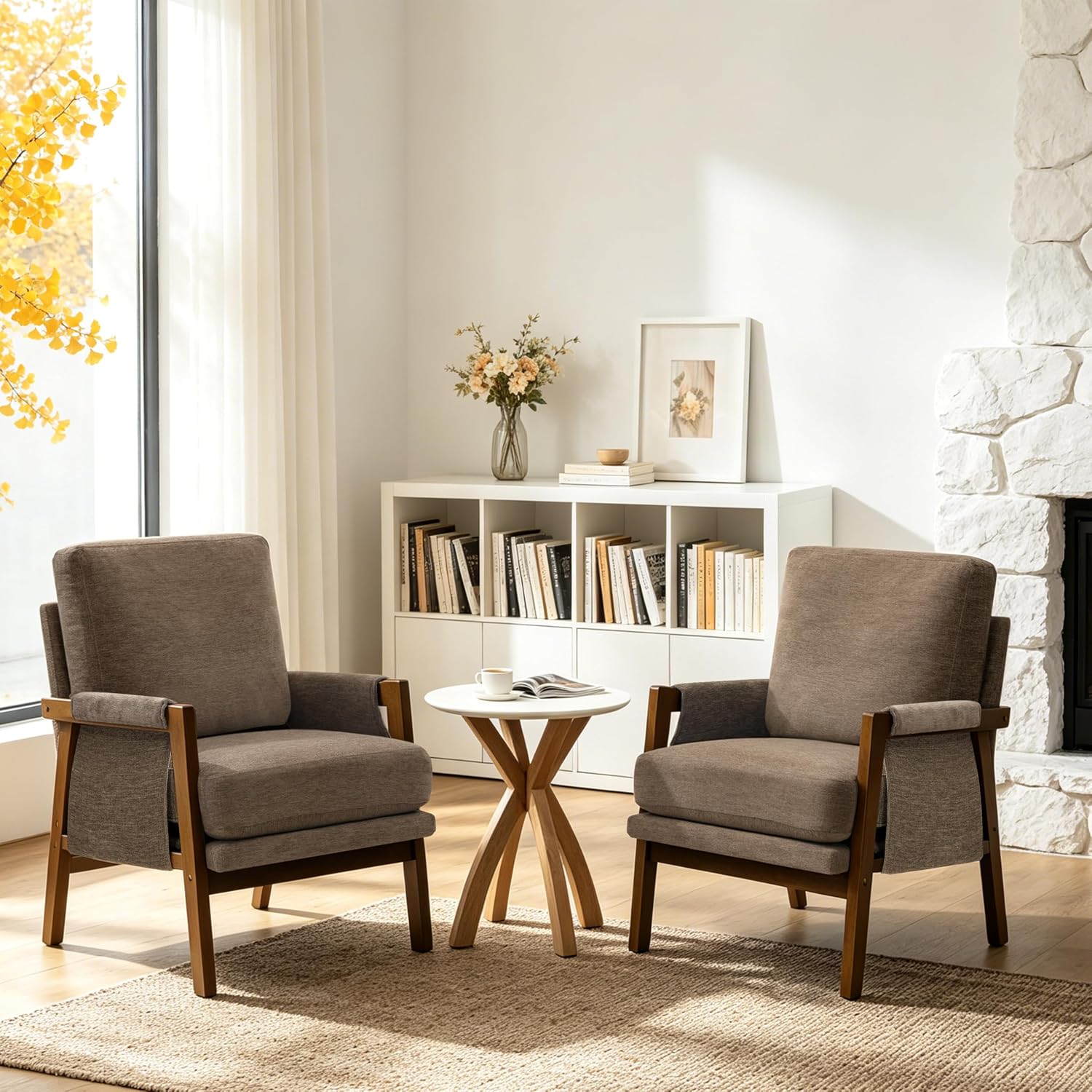 Mid Century Dark Brown Fabric Wood Frame Accent Chair