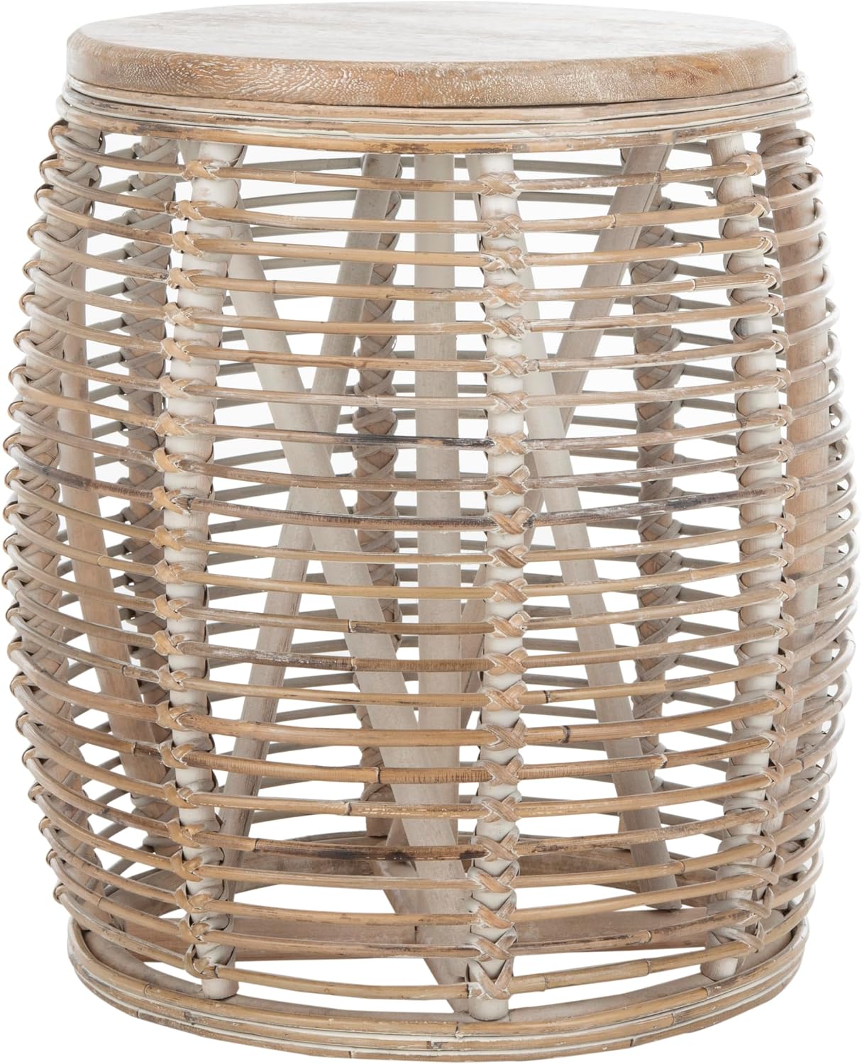 Grey Whitewash Woven Rattan Drum Side Table