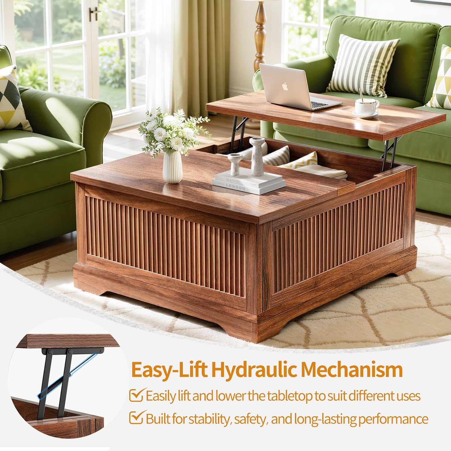 Walnut Fluted Square Lift Top Storage Coffee Table