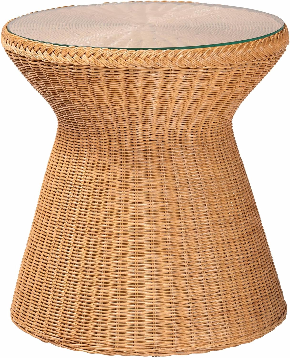 Handwoven Rattan Hourglass Glass Top Side Table