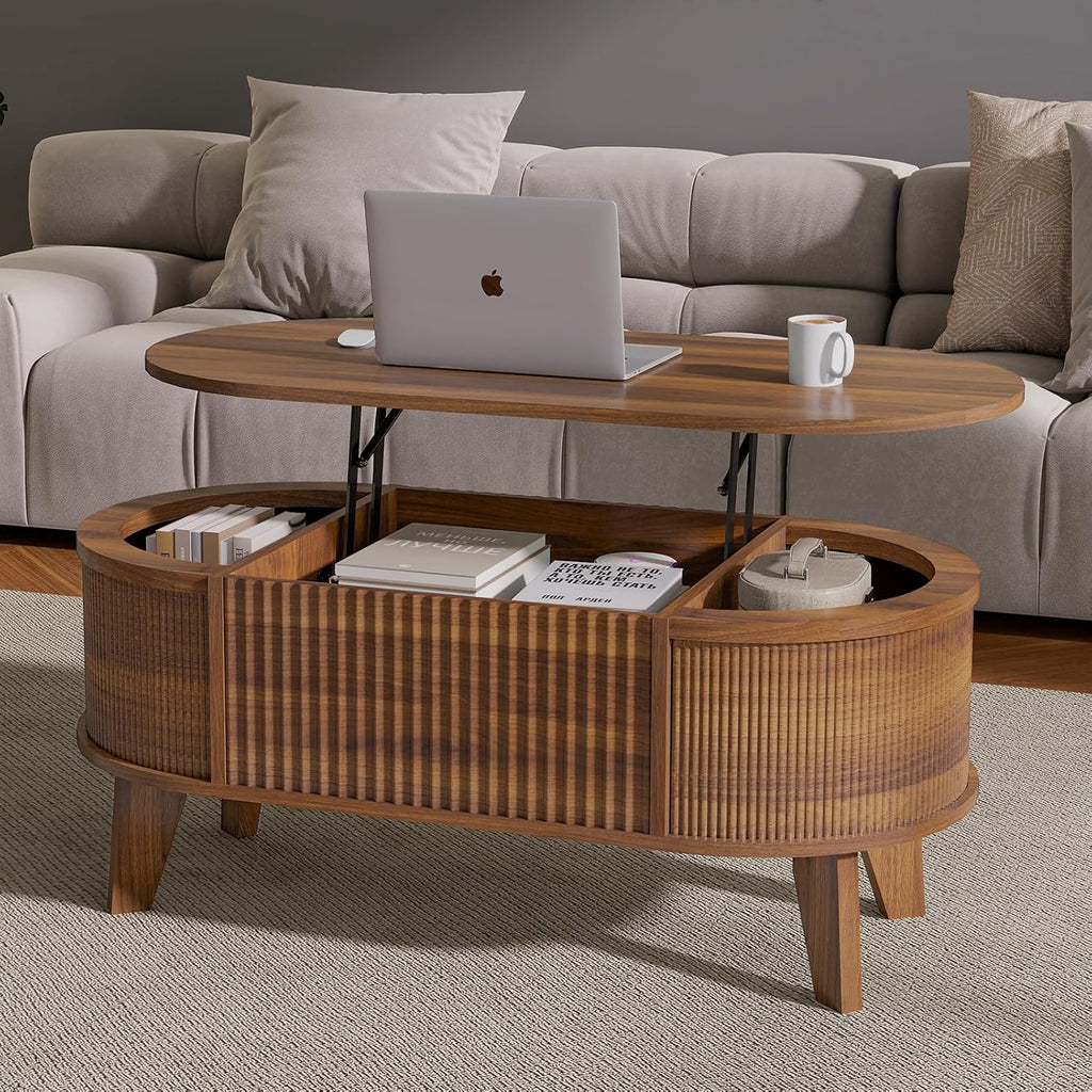 Walnut Fluted Oval Lift Top Storage Coffee Table