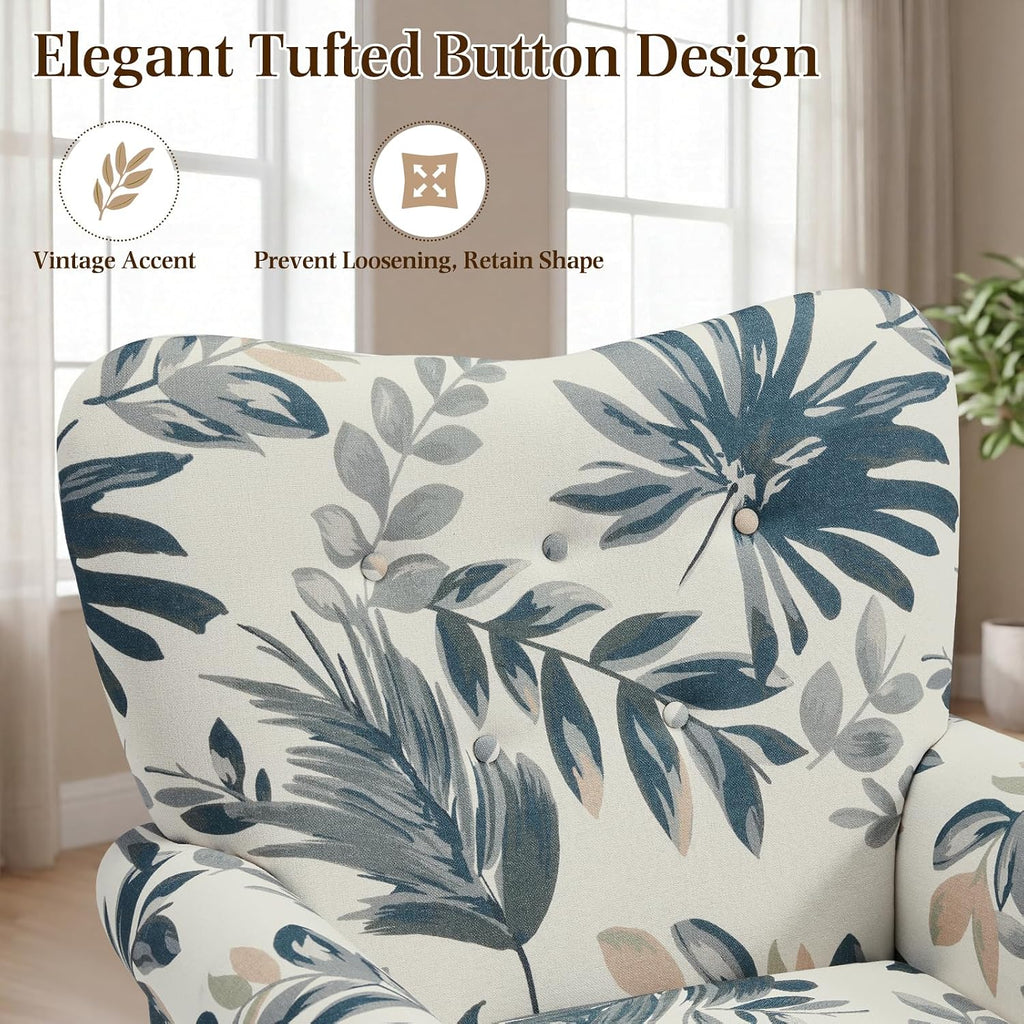 High Back Button Fabric Blue Leaf Accent Chair