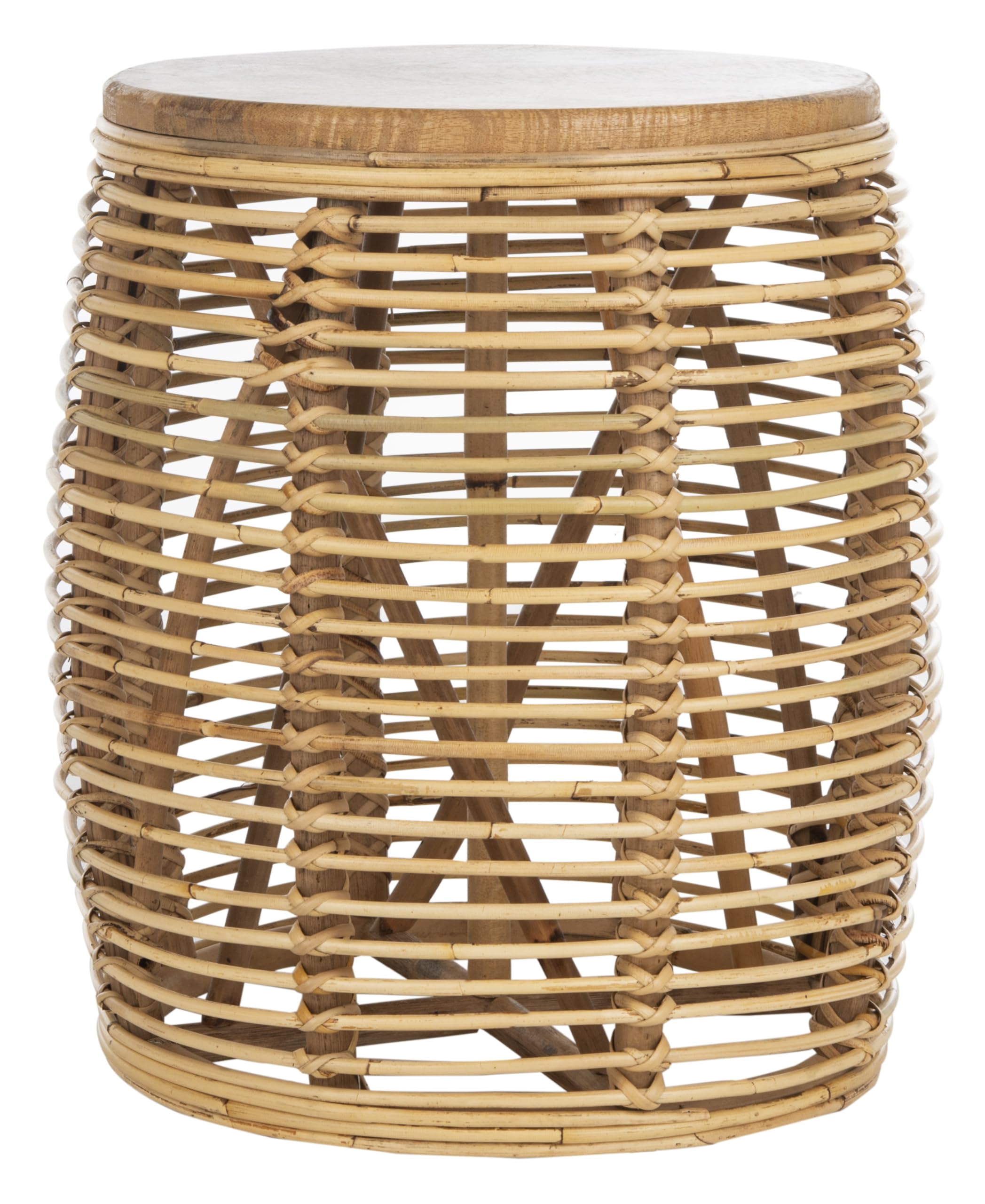 Grey Whitewash Woven Rattan Drum Side Table