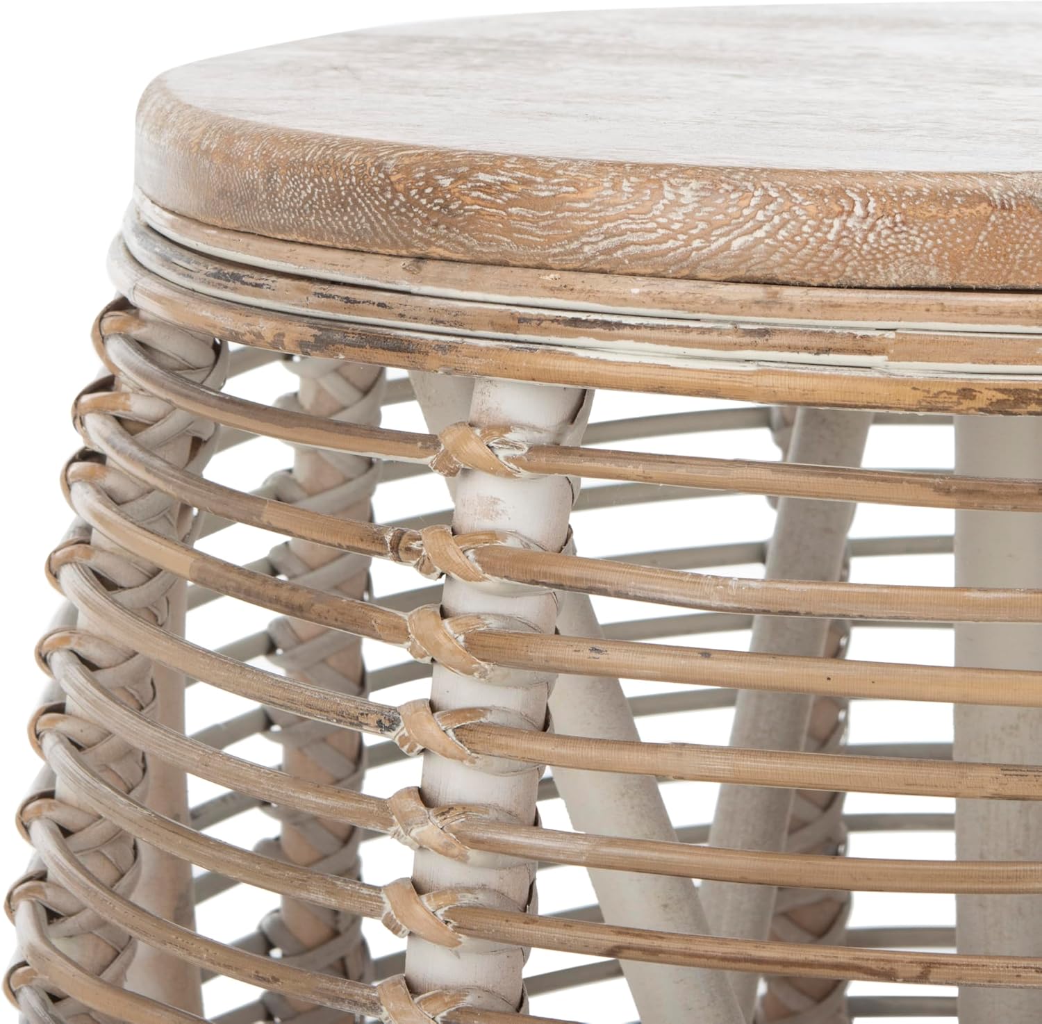 Grey Whitewash Woven Rattan Drum Side Table