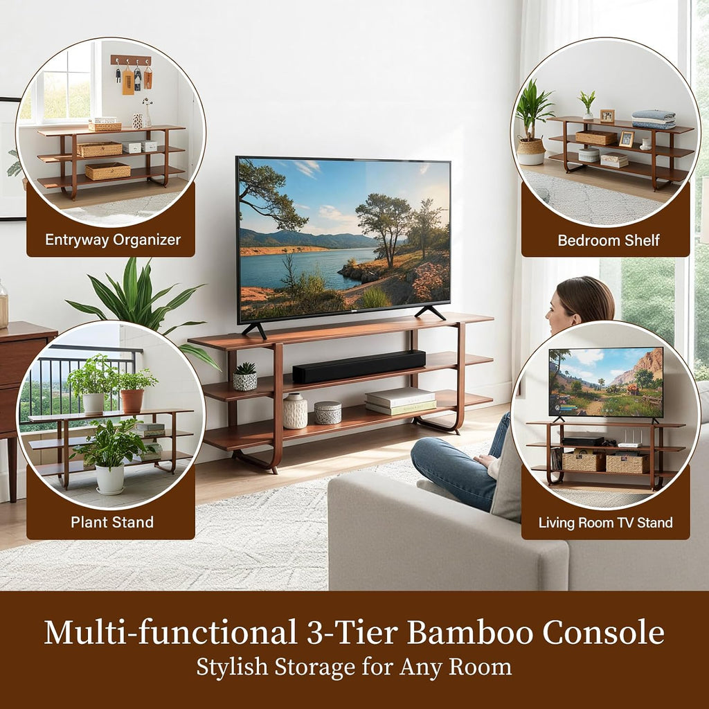 Walnut Bamboo 3-Tier Mid Century TV Stand