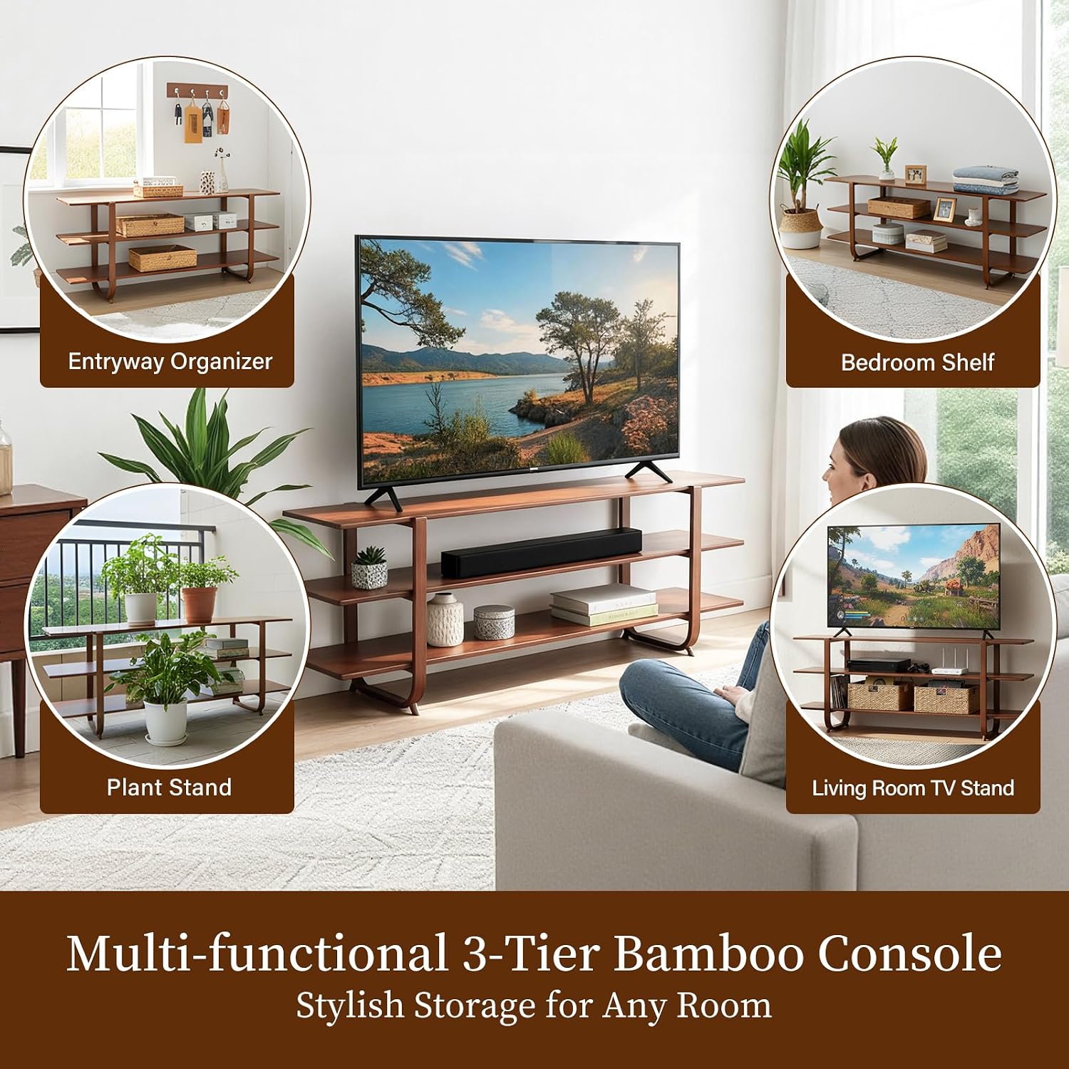 Walnut Bamboo 3-Tier Mid Century TV Stand