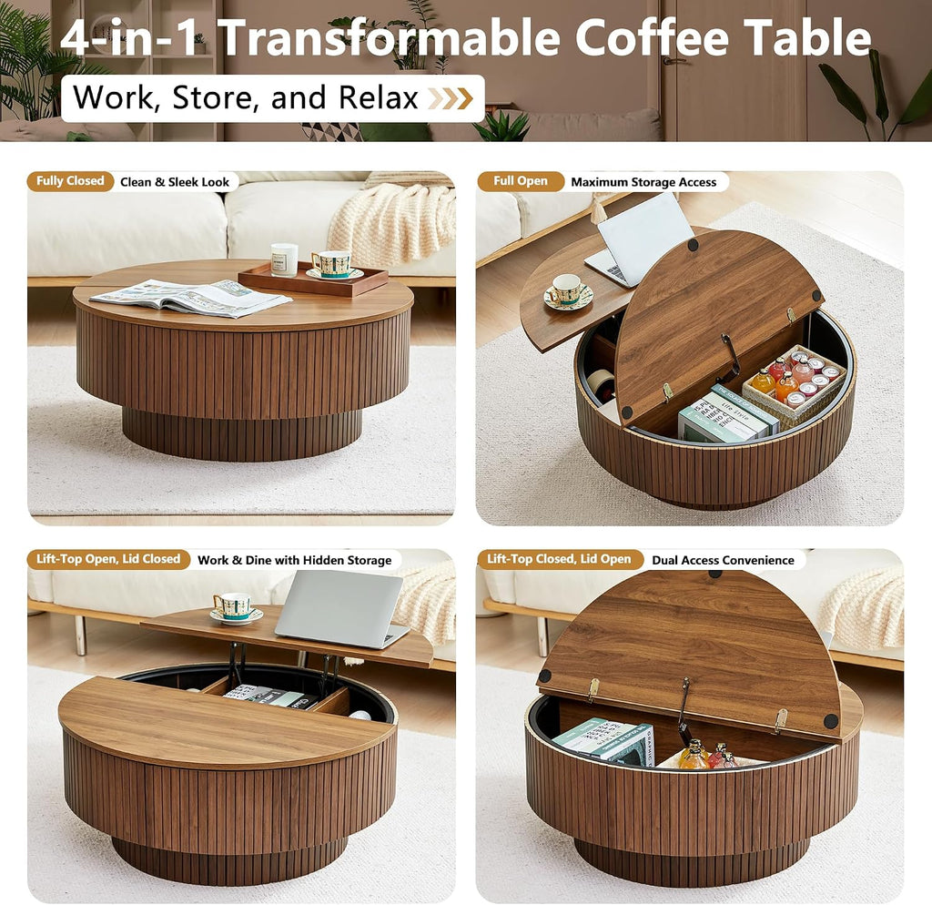 Walnut Fluted Round Lift Top Metal Frame Coffee Table