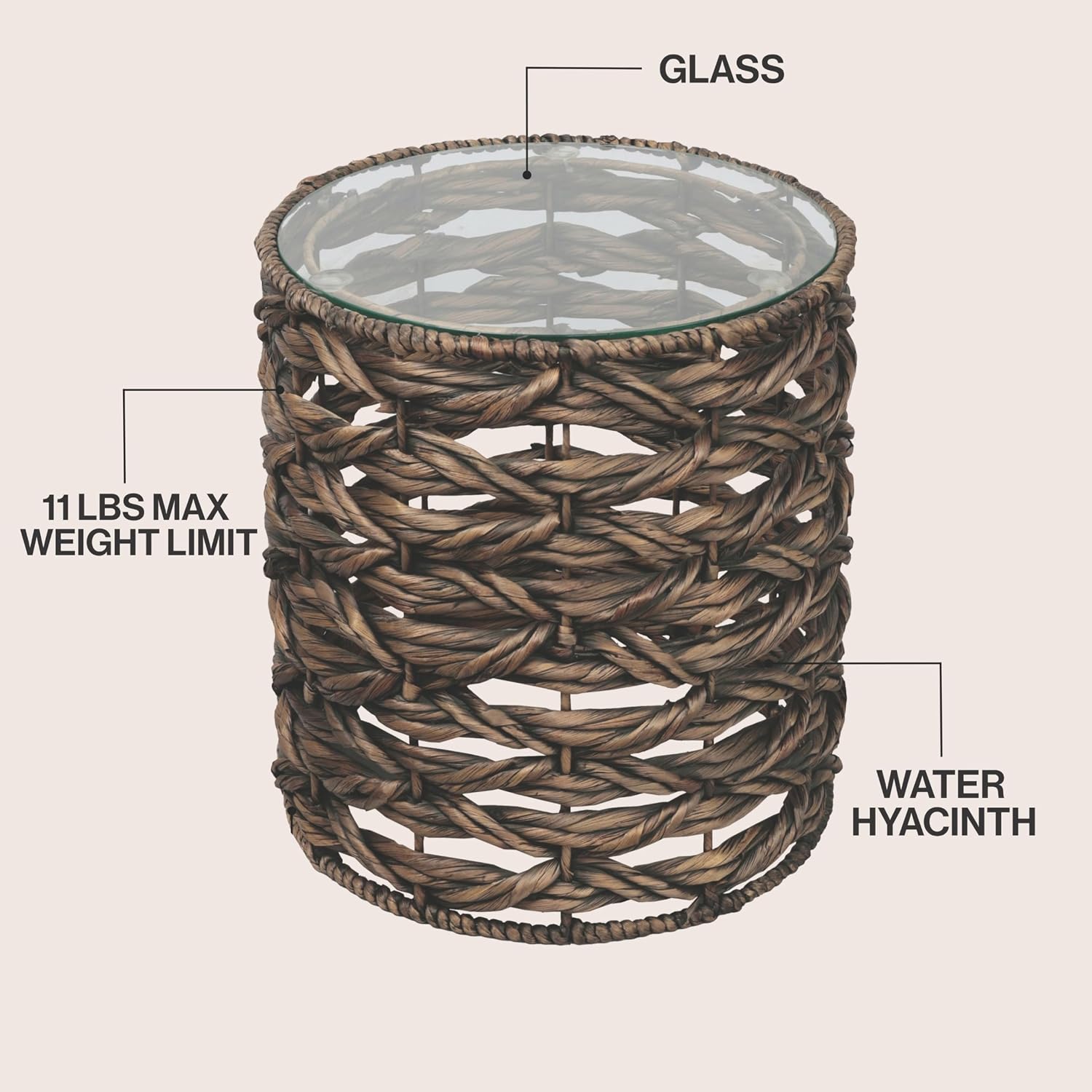 Handwoven Hyacinth Glass Top Round End Table