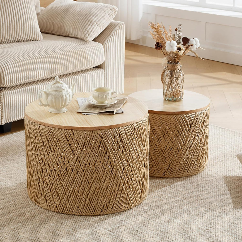 Round Rope Woven Nesting Storage Coffee Tables