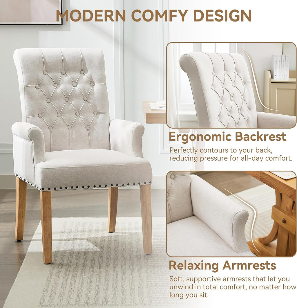Tufted Nailhead Beige Fabric Arm Dining Chairs