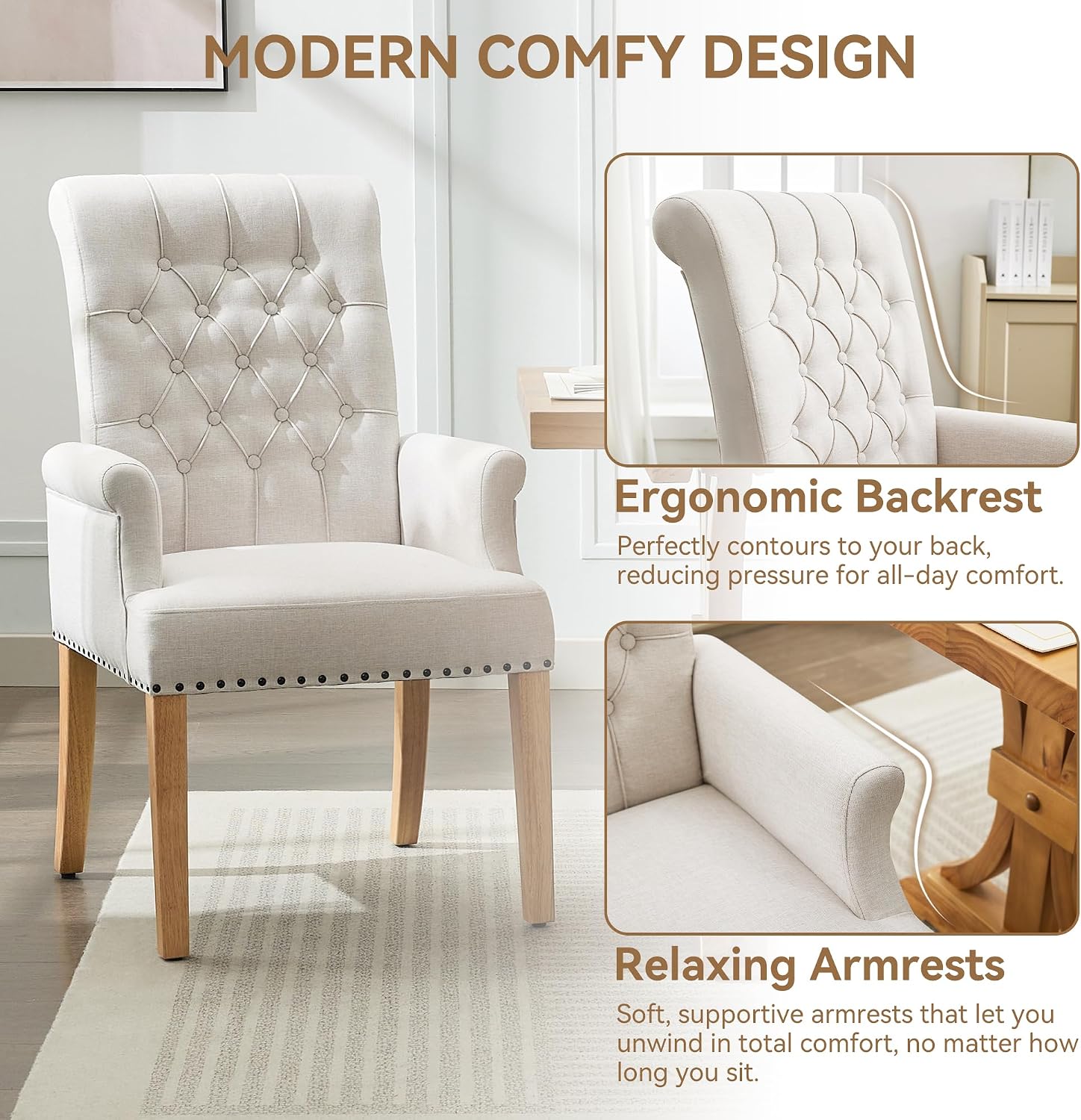 Tufted Nailhead Beige Fabric Arm Dining Chairs