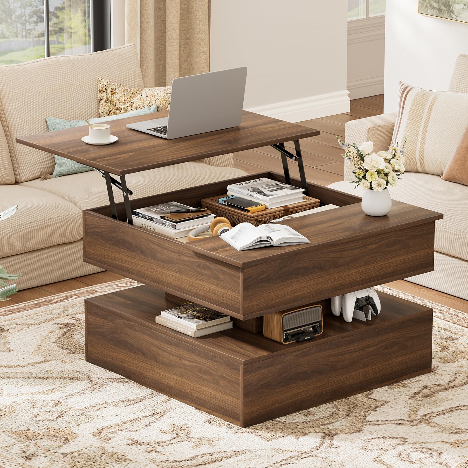 Walnut Square Lift Top Storage Coffee Table