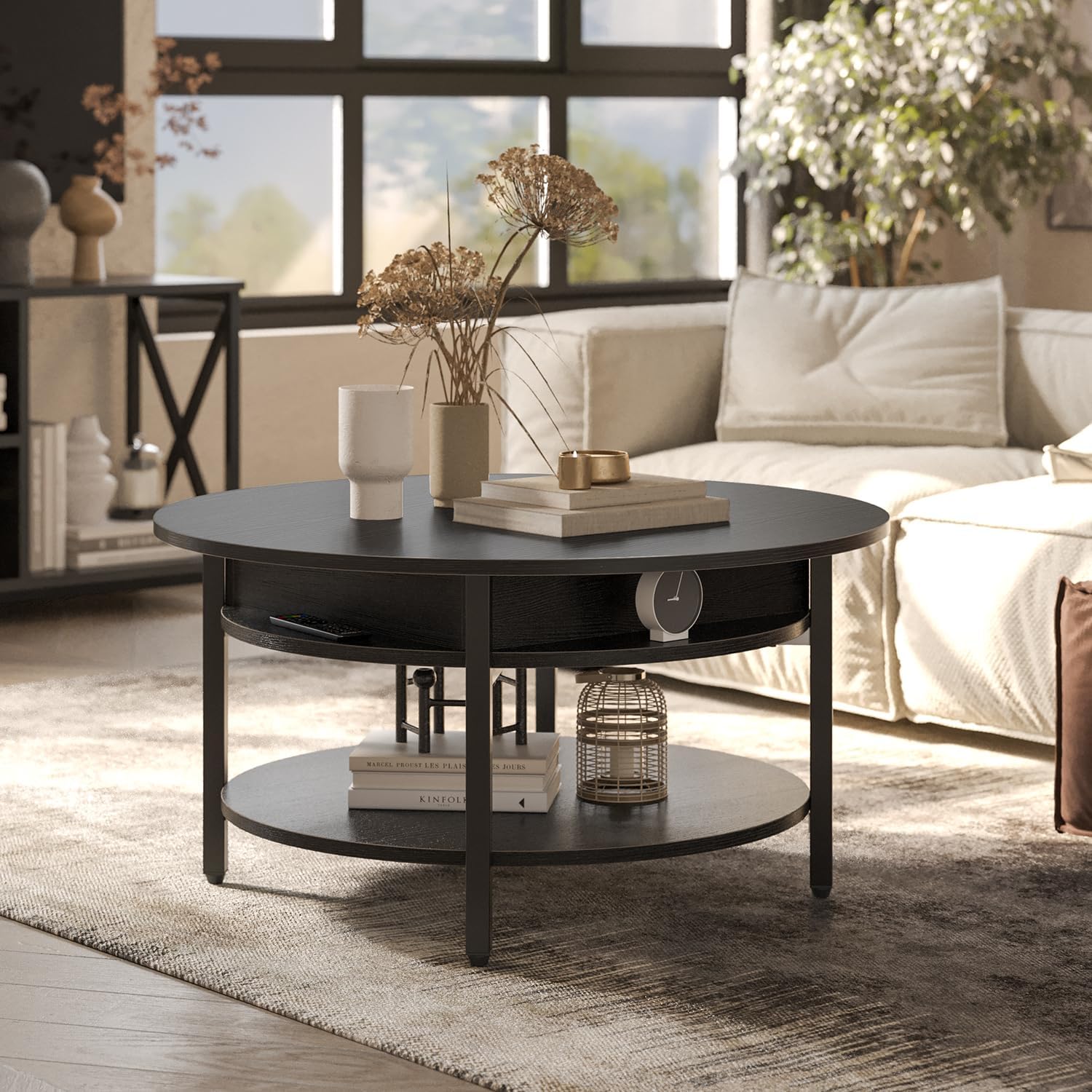 Black Lift Top Round Storage Farmhouse Coffee Table