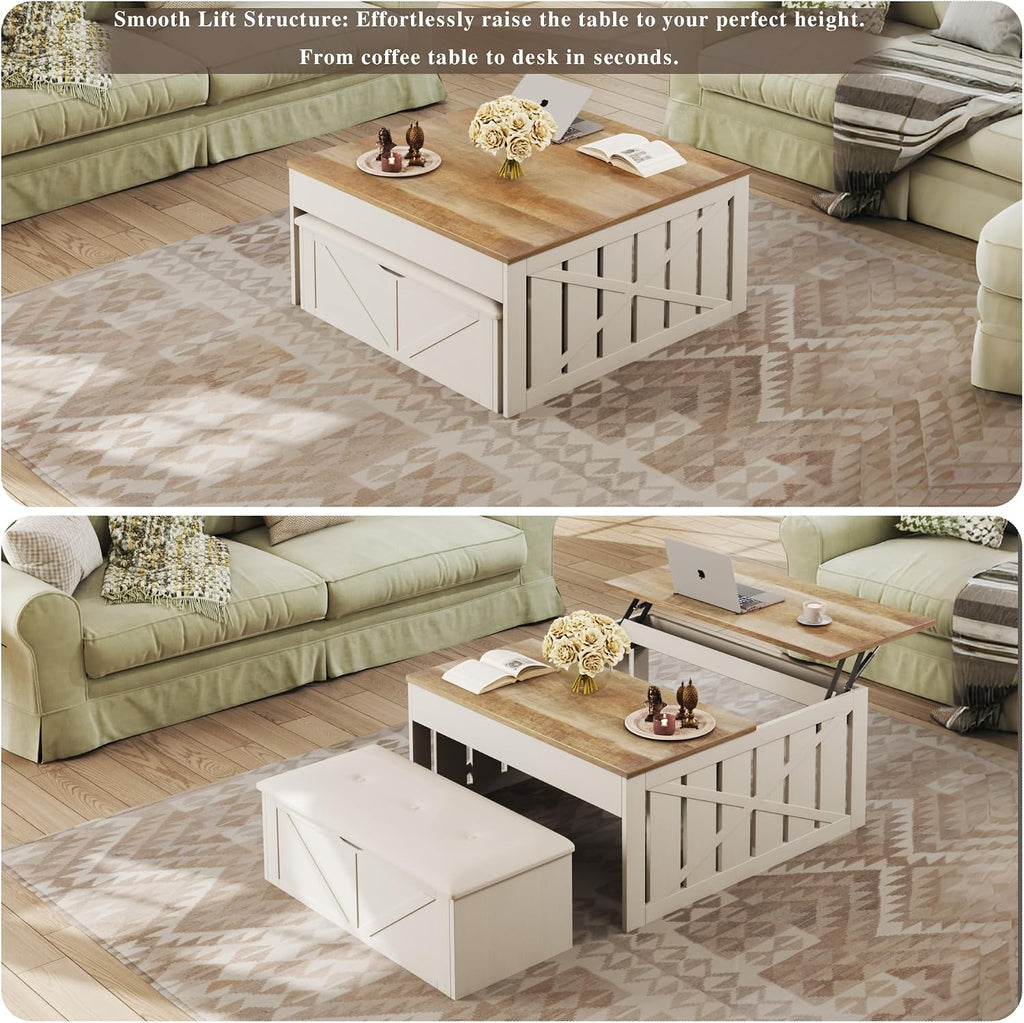 White Farmhouse Lift Top Storage Coffee Table Set