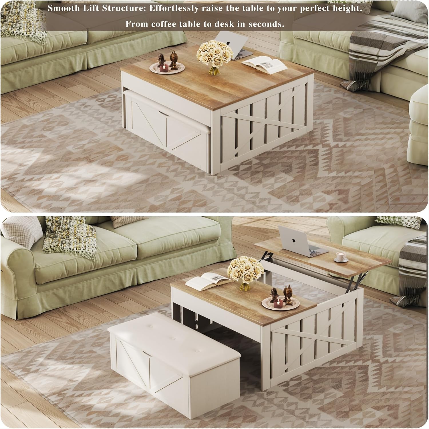 White Farmhouse Lift Top Storage Coffee Table Set