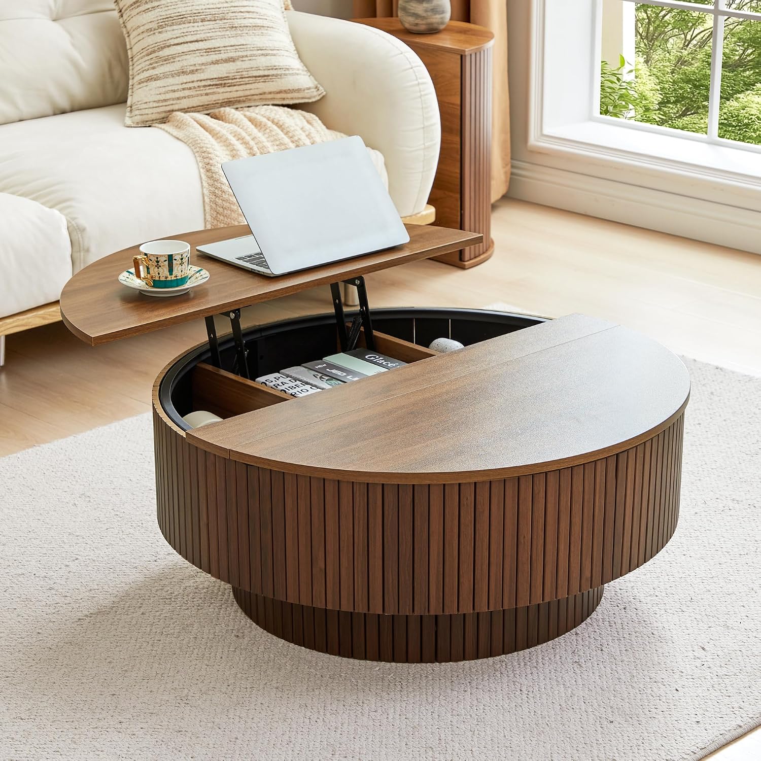 Walnut Fluted Round Lift Top Metal Frame Coffee Table