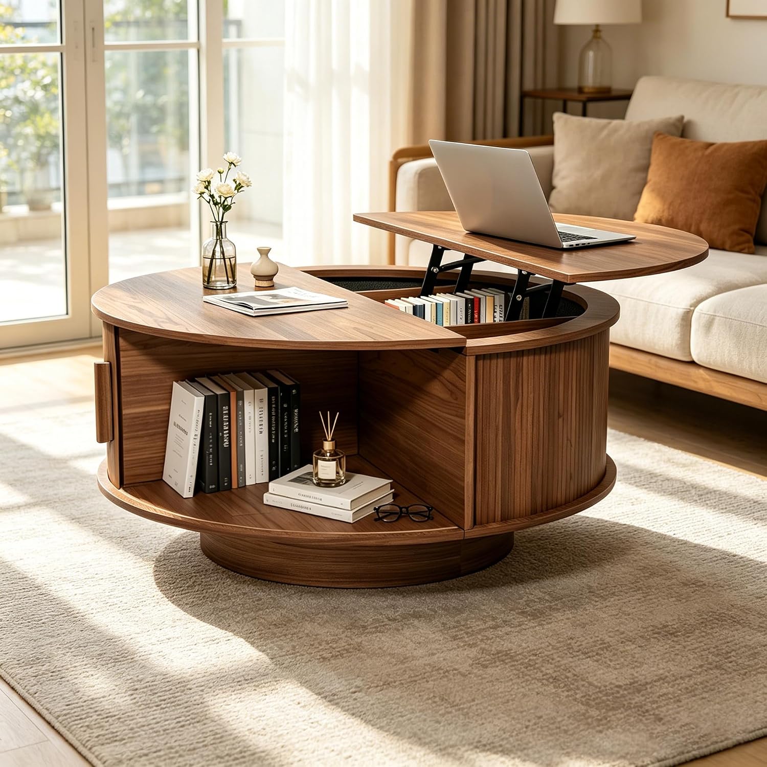 Walnut Fluted Round Lift Top Storage Coffee Table