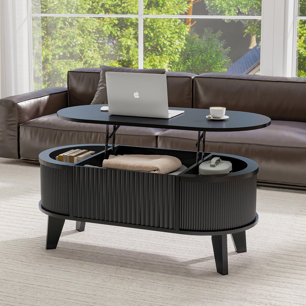 Walnut Fluted Oval Lift Top Storage Coffee Table